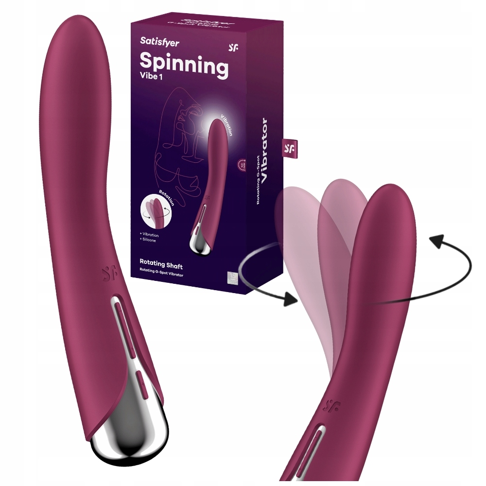 Wyświetlona jest bordowa zabawka erotyczna i jej pudełko. Zabawka jest zakrzywiona ze srebrną końcówką. Na pudełku napis 'Satisfyer Spinning'.