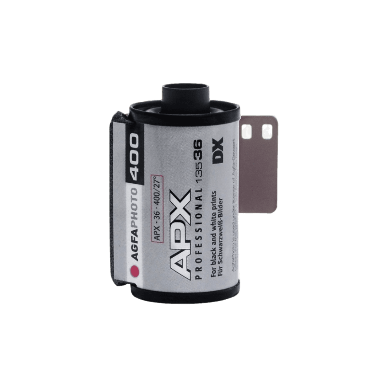 Kaseta filmowa z napisem AGFA PHOTO 400 APX. Jest srebrna z czarnym tekstem i czerwoną kropką. Tło jest czarne.