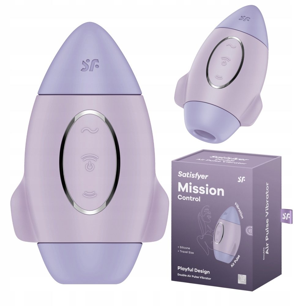 Obraz przedstawia fioletowy wibrator w kształcie rakiety, z pudełkiem z napisem 'Satisfyer Mission Control'. Pokazane są inne perspektywy.