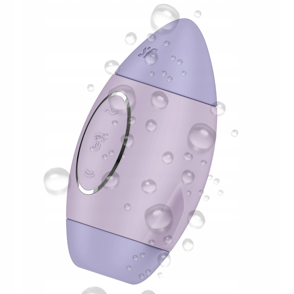 Fioletowe urządzenie z zaokrąglonymi końcami i centralnym przyciskiem. Krople wody otaczają urządzenie na białym tle.