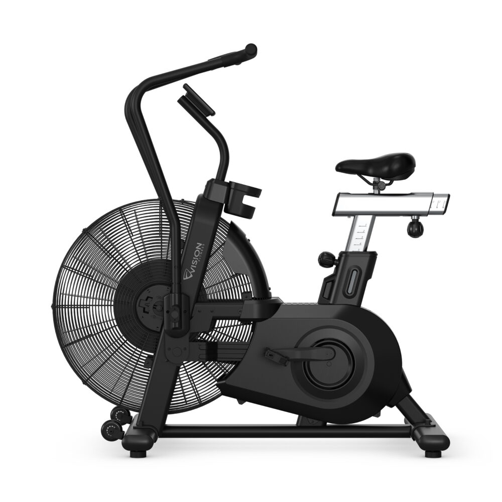 A black air bike with a fan, seat, and handlebars, set against a white background. The bike is in perfect condition.