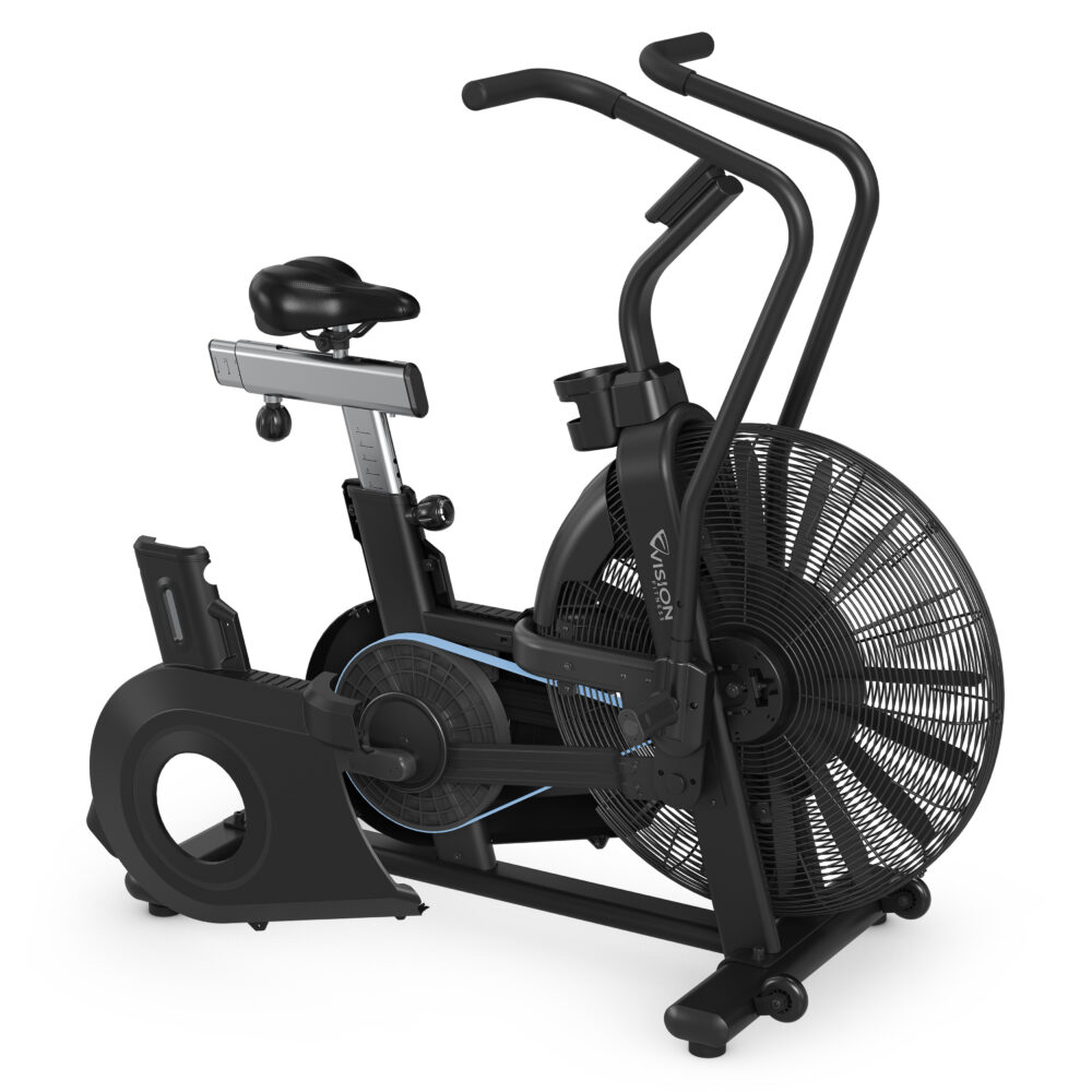 A black stationary exercise bike with a fan wheel. It has a seat, handlebars, and a display. The brand is Vision.
