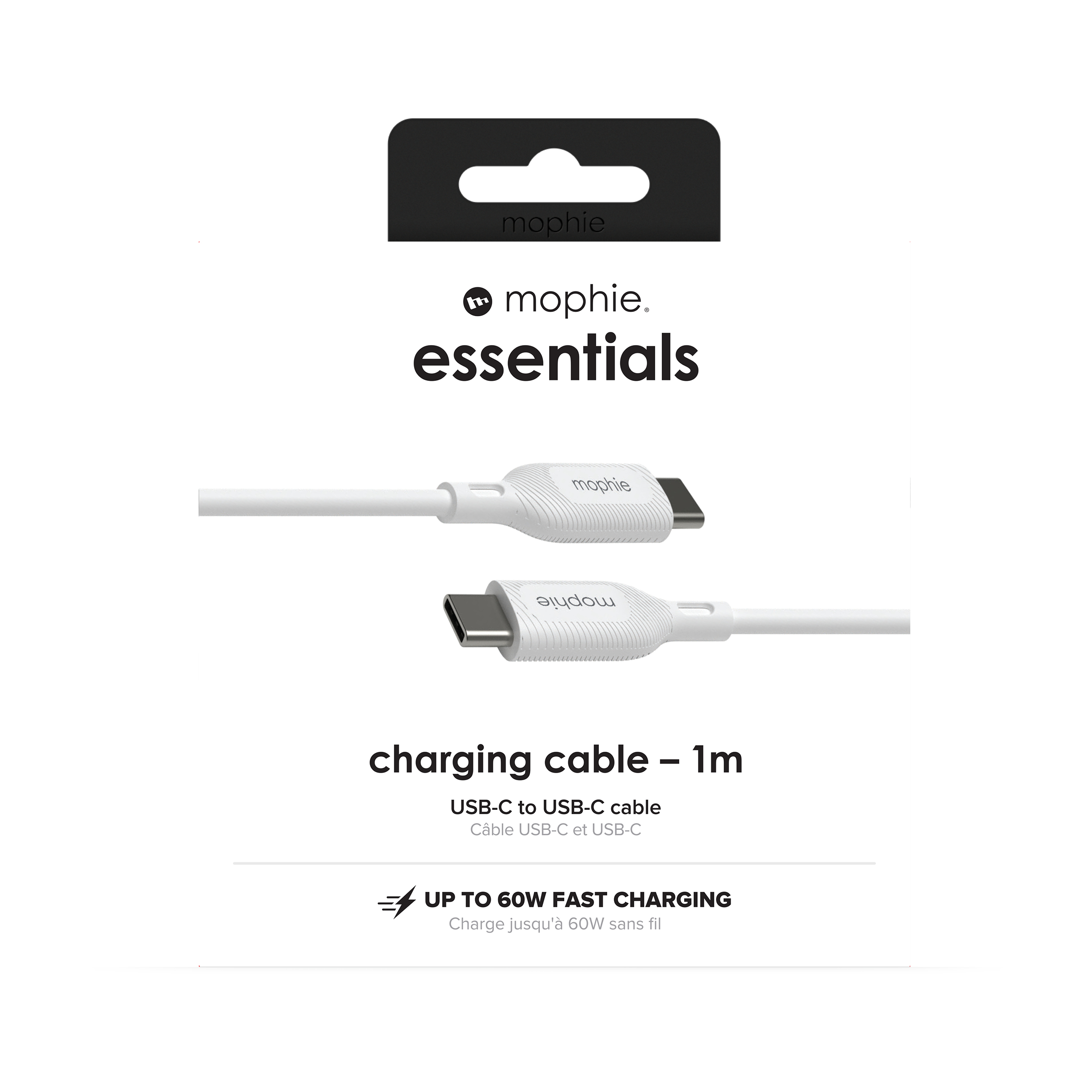 Biały kabel ładujący Mophie, USB-C do USB-C, 1m. Opakowanie z logo i tekstem Mophie.