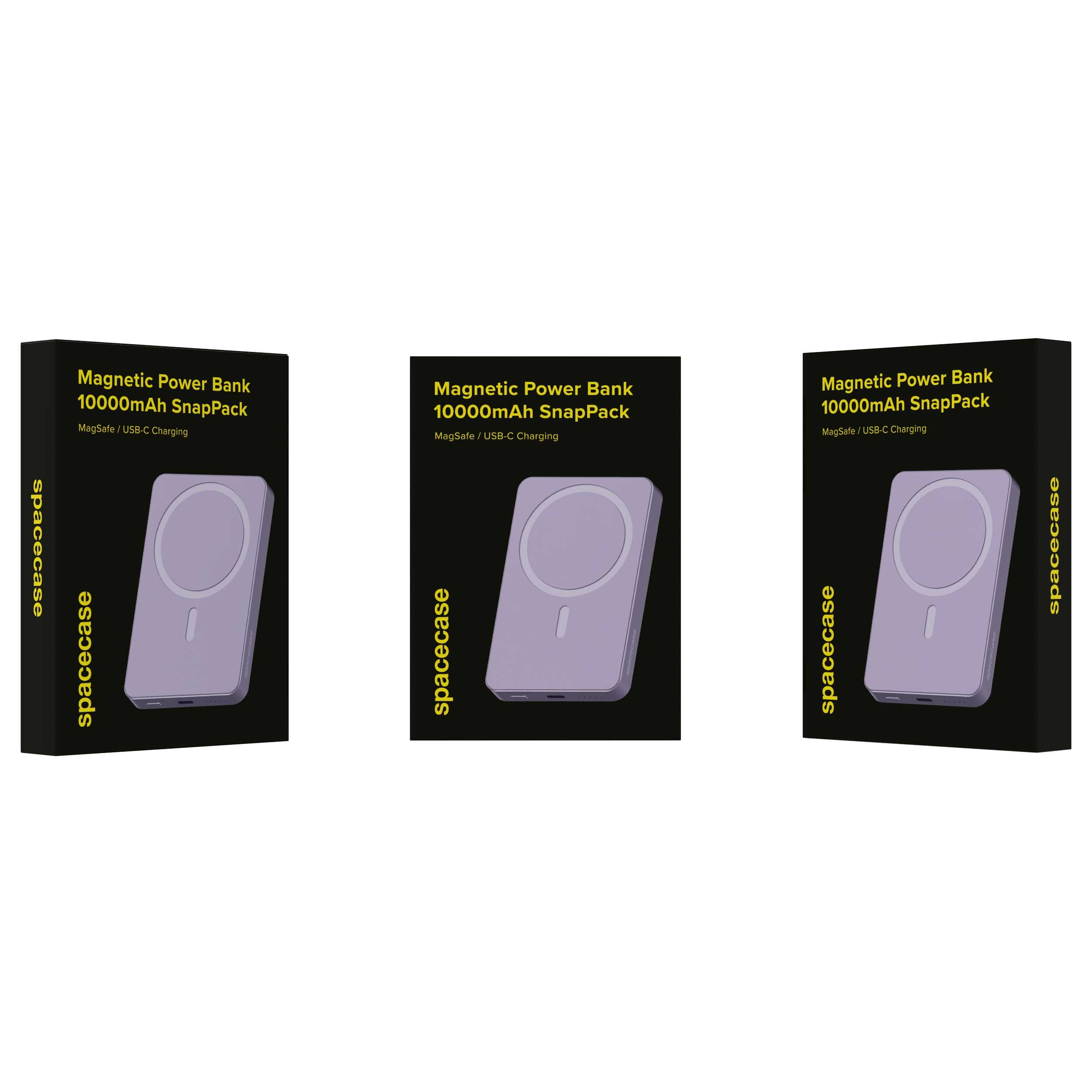 Trzy identyczne pudełka produktów ze zdjęciem fioletowego power banku i tekstem 'Magnetic Power Bank 10000mAh SnapPack'.