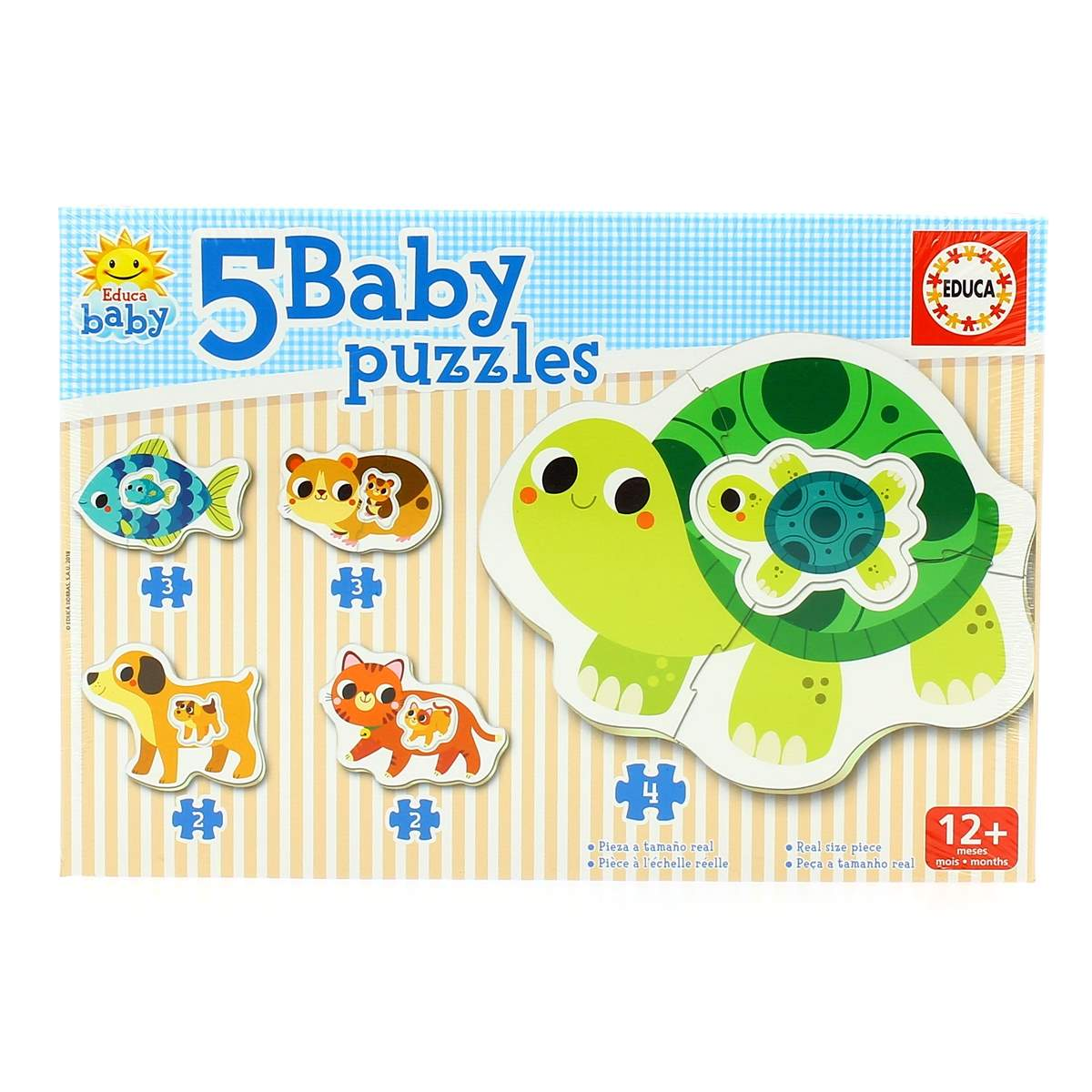 Zapakowane puzzle dla dzieci. Zawiera puzzle ze słońcem, rybą, chomikiem, psem, kotem i żółwiem. Widoczna etykieta '12+ miesięcy'.