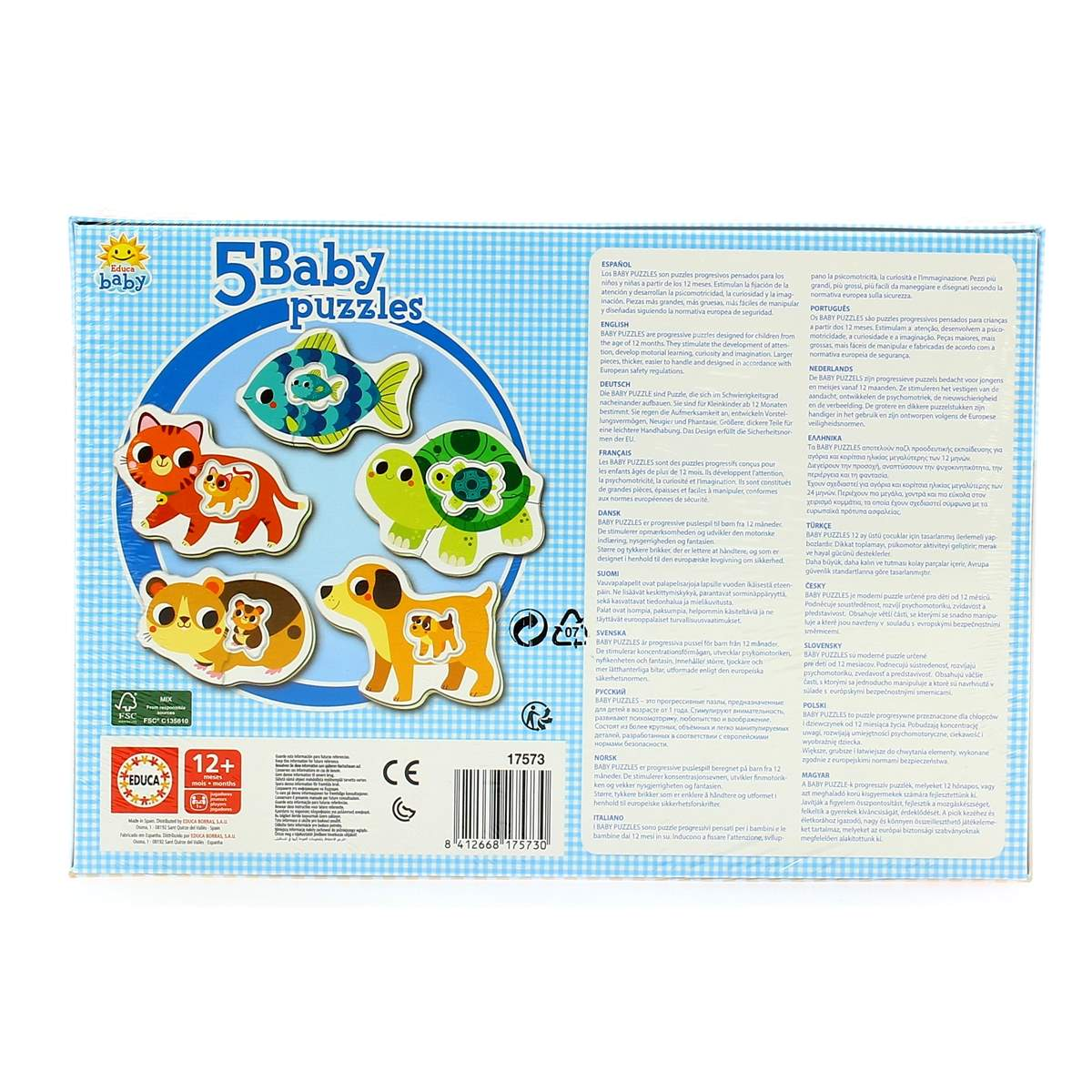 Pudełko z 5 puzzlami dla dzieci: ryba, kot, żółw, niedźwiedź i pies. Tekst w wielu językach.