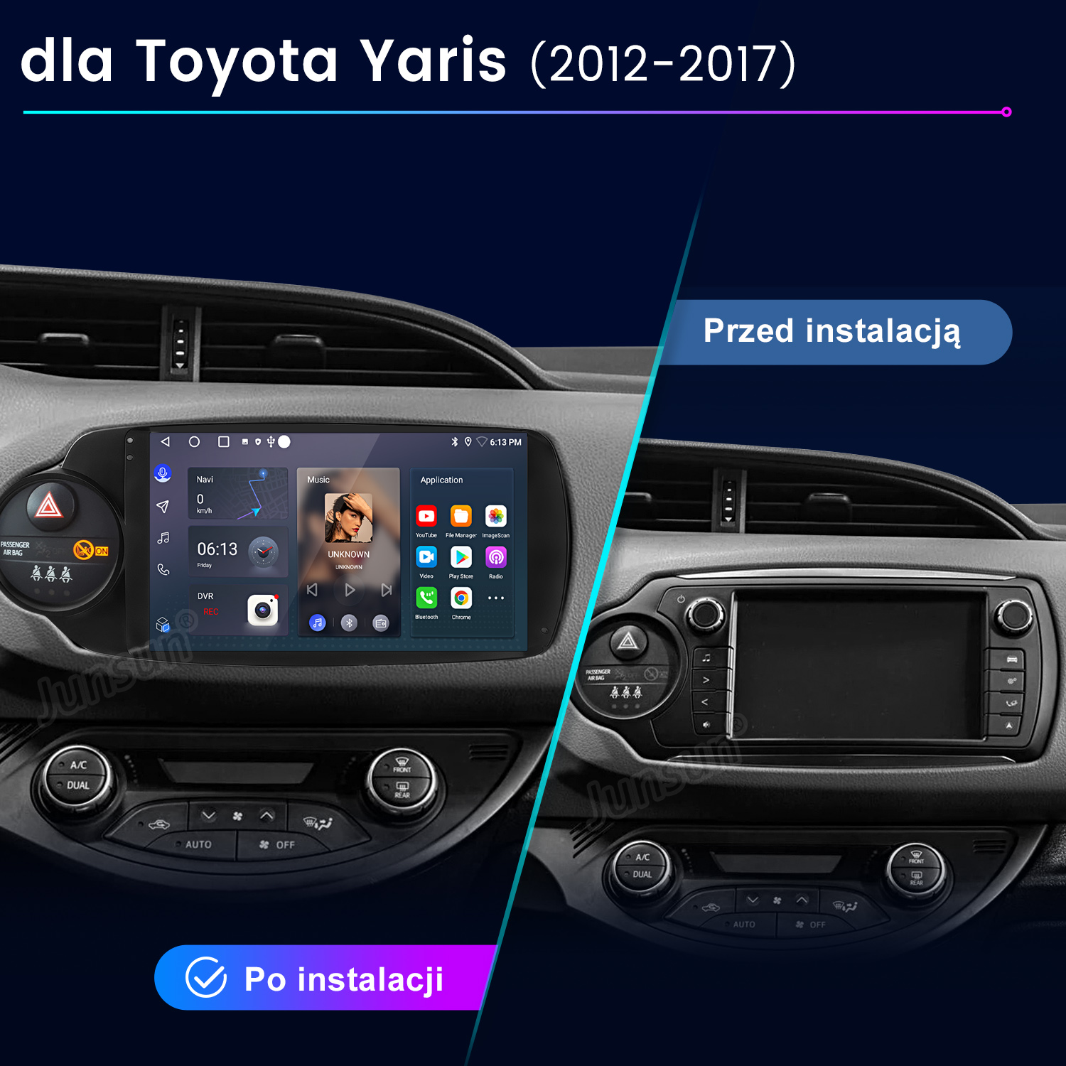 Obraz przedstawia deskę rozdzielczą samochodu przed i po zainstalowaniu systemu multimedialnego, w tym interfejsy nawigacji i muzyki.