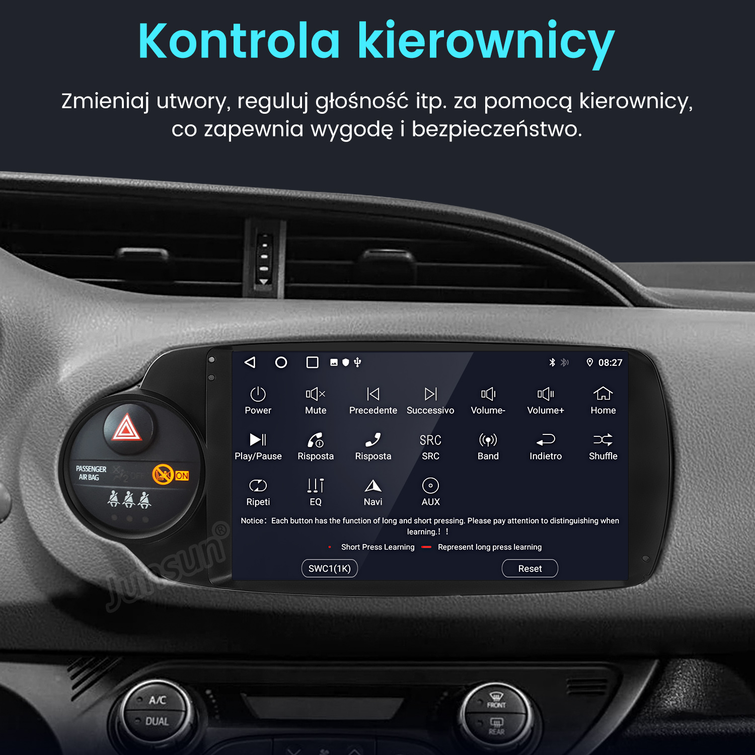 Deska rozdzielcza samochodu wyświetlająca elementy sterowania audio, nawigacją i ustawieniami pojazdu, w tym głośność i media.