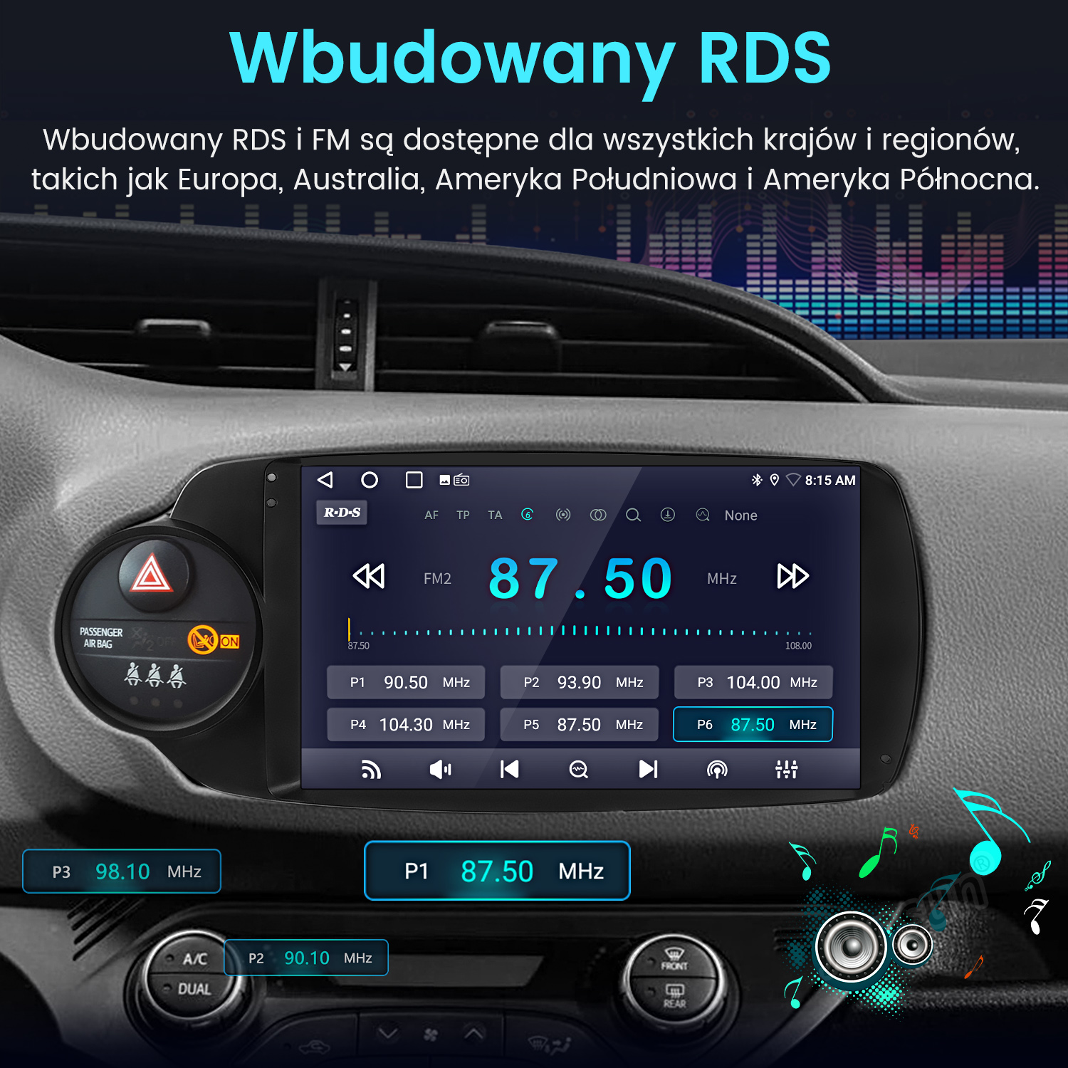 Ekran radia samochodowego pokazujący stację radiową FM 87,50 MHz. Widoczny tekst w języku polskim i angielskim.