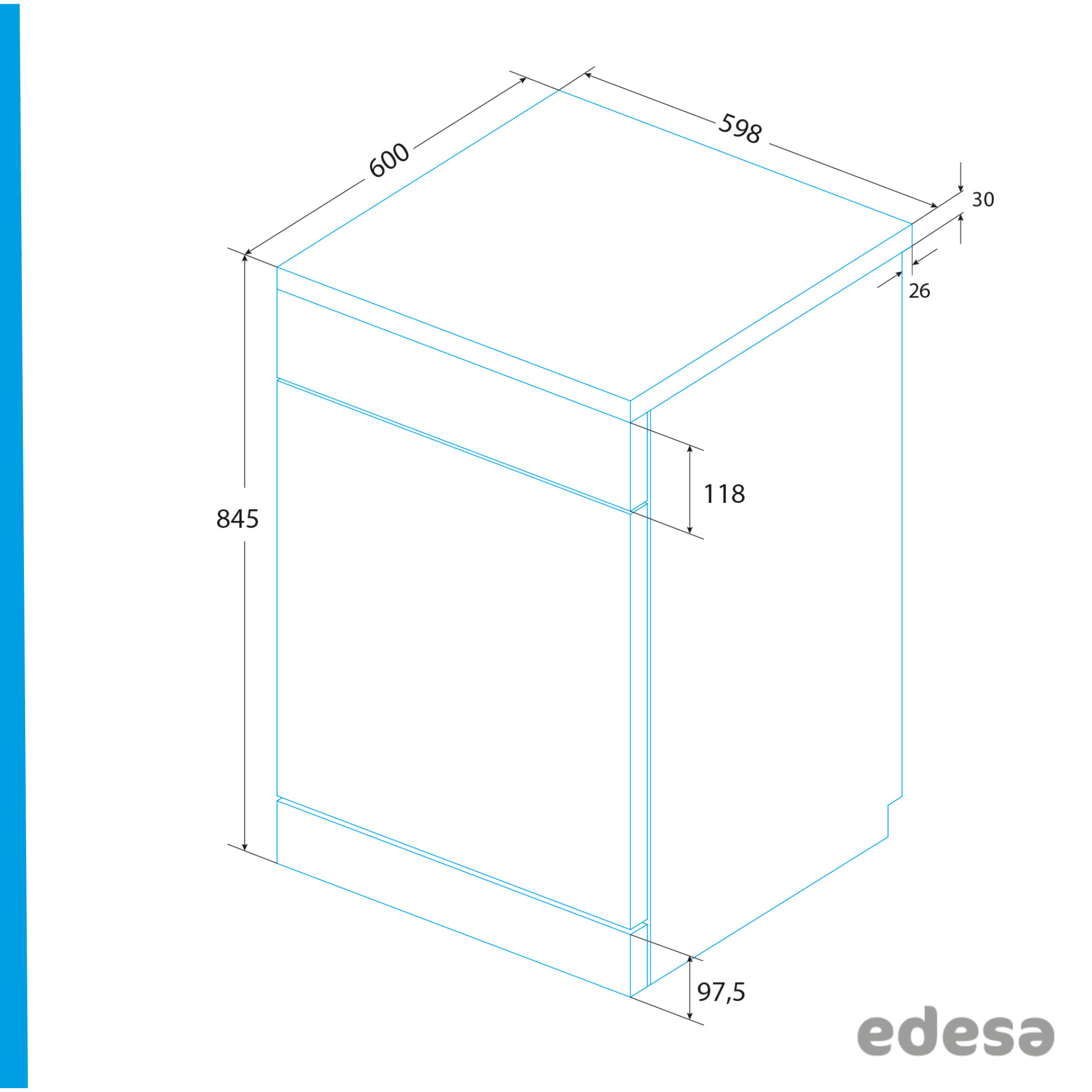 Diagrama de vista isométrica de un armario con dimensiones en mm. El armario tiene una puerta. La marca 'edesa' está abajo.
