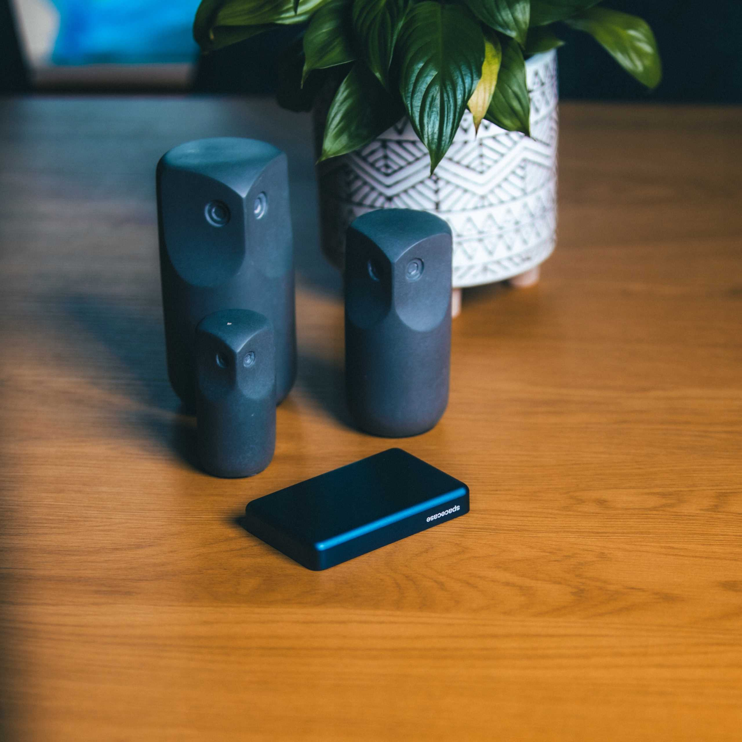 Trzy posągi w kształcie sów i czarne urządzenie techniczne na drewnianym stole. W tle doniczka.