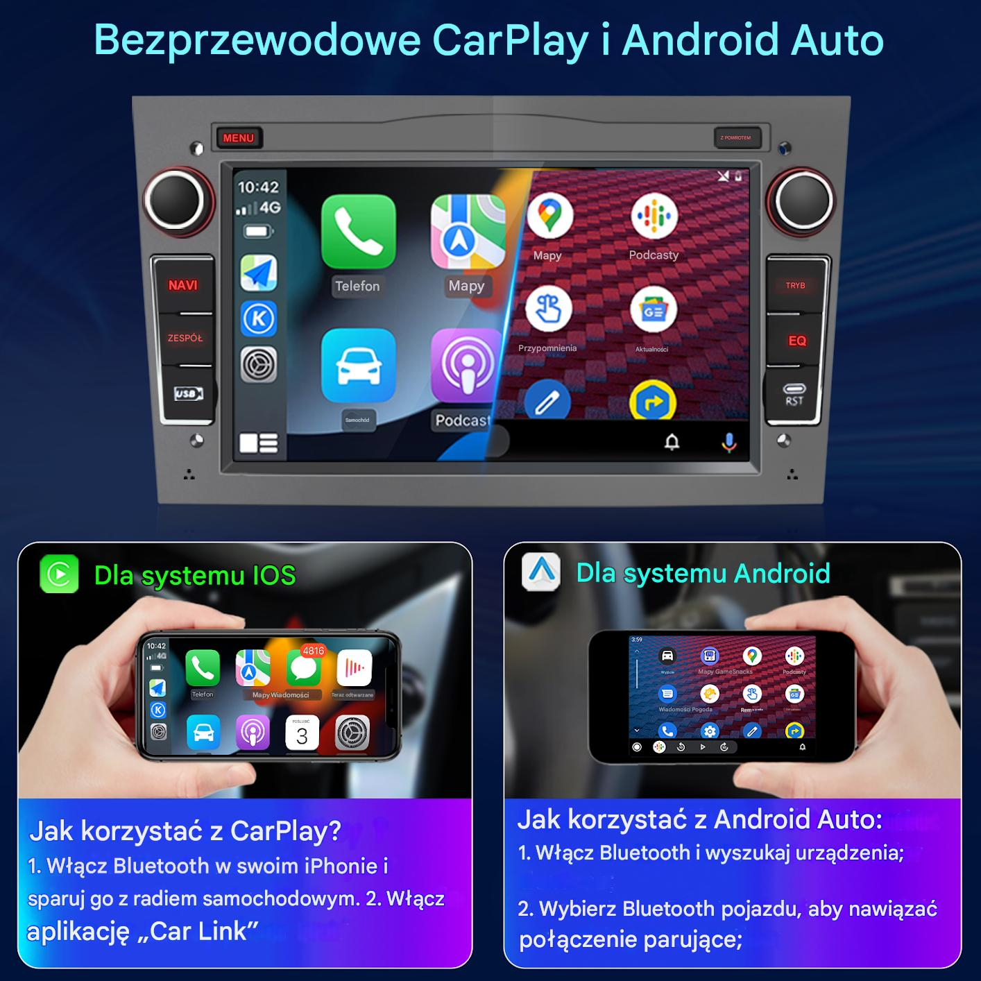 Ekran radia samochodowego z ikonami aplikacji. Poniżej ekrany telefonów iOS i Android pokazują interfejsy CarPlay i Android Auto.