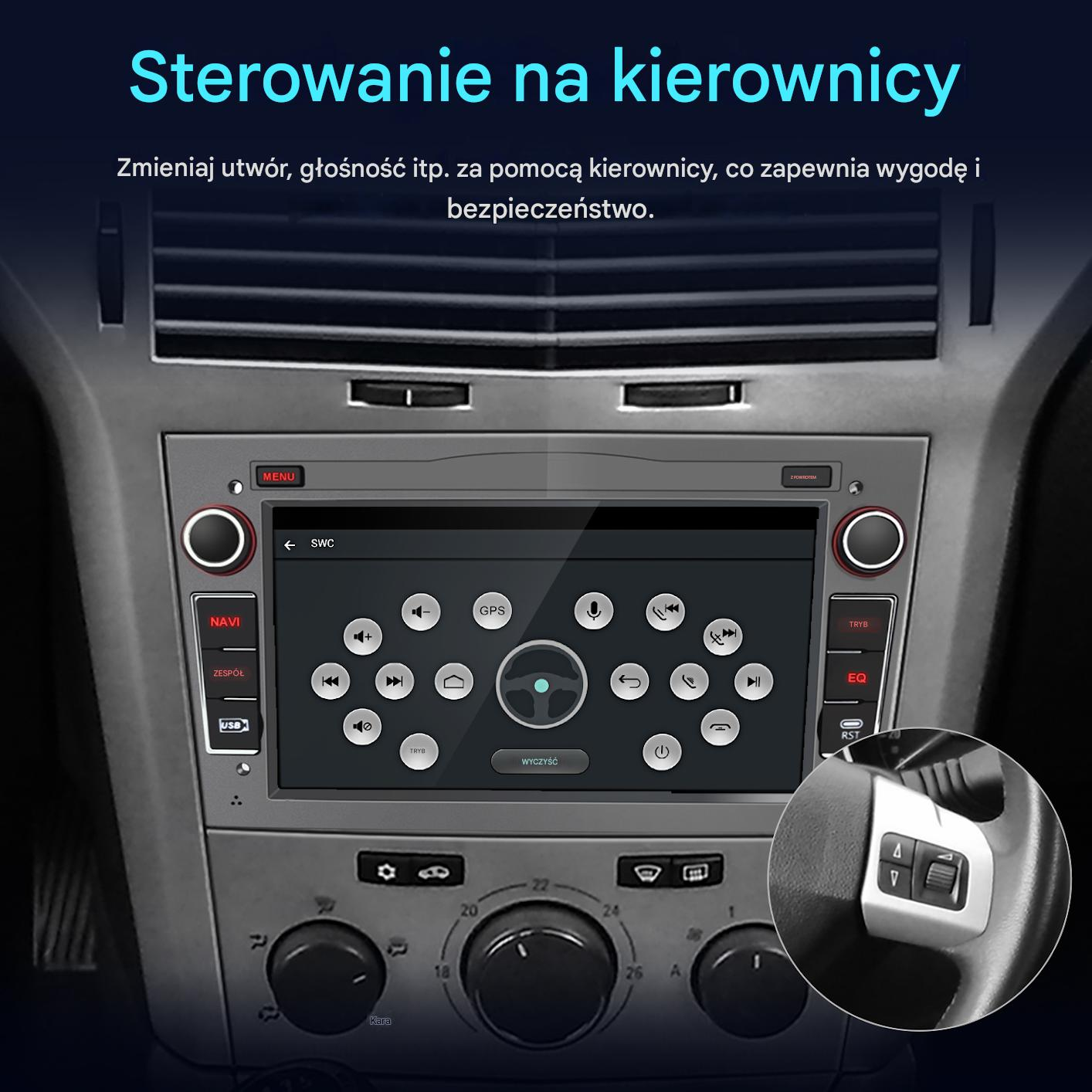 Panel samochodu z nawigacją i sterowaniem audio. Elementy sterowania kierownicą są podświetlone.