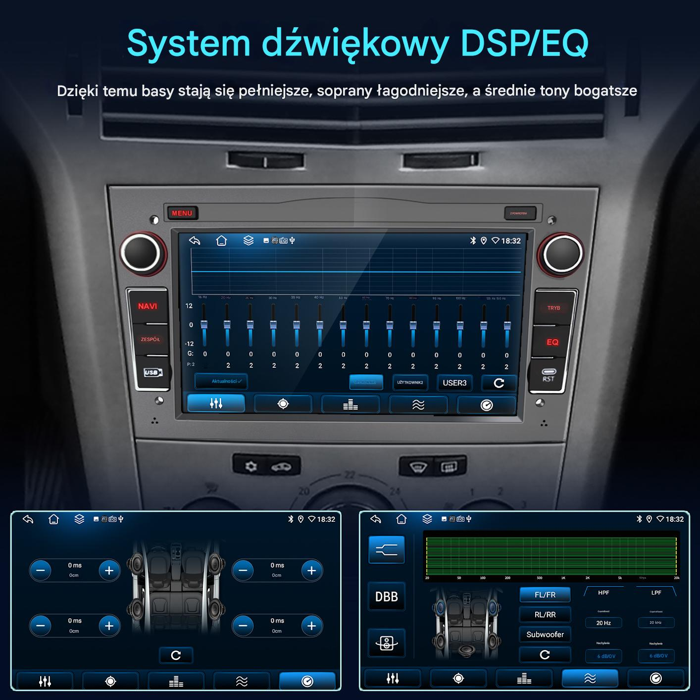 Wyświetlacz systemu audio samochodu z ustawieniami korektora i kontrolkami subwoofera. Ekran pokazuje regulacje częstotliwości i dźwięku.