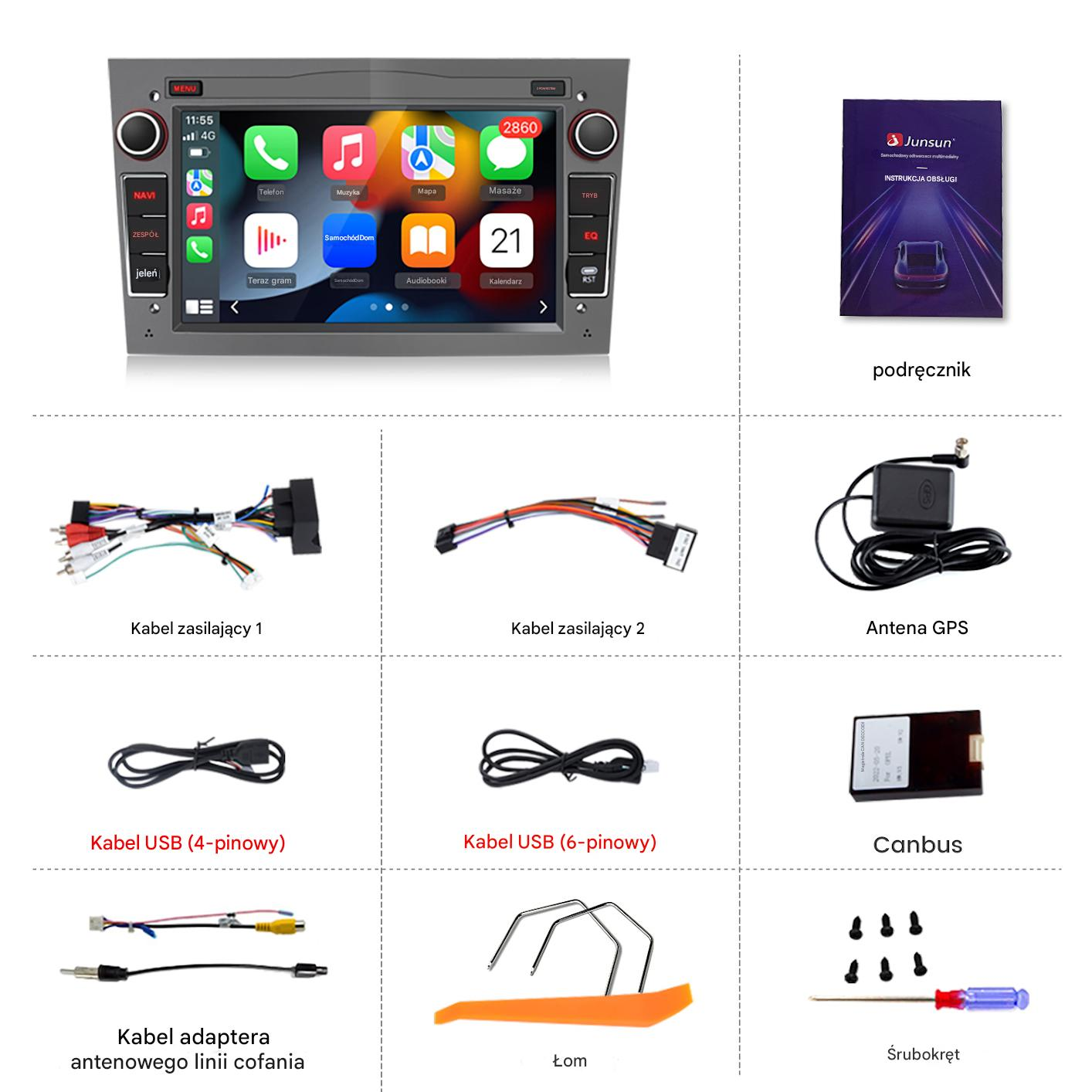 Radio samochodowe z ekranem, różne kable, antena GPS, Canbus, śrubokręt i instrukcja. Akcesoria do instalacji radia samochodowego.