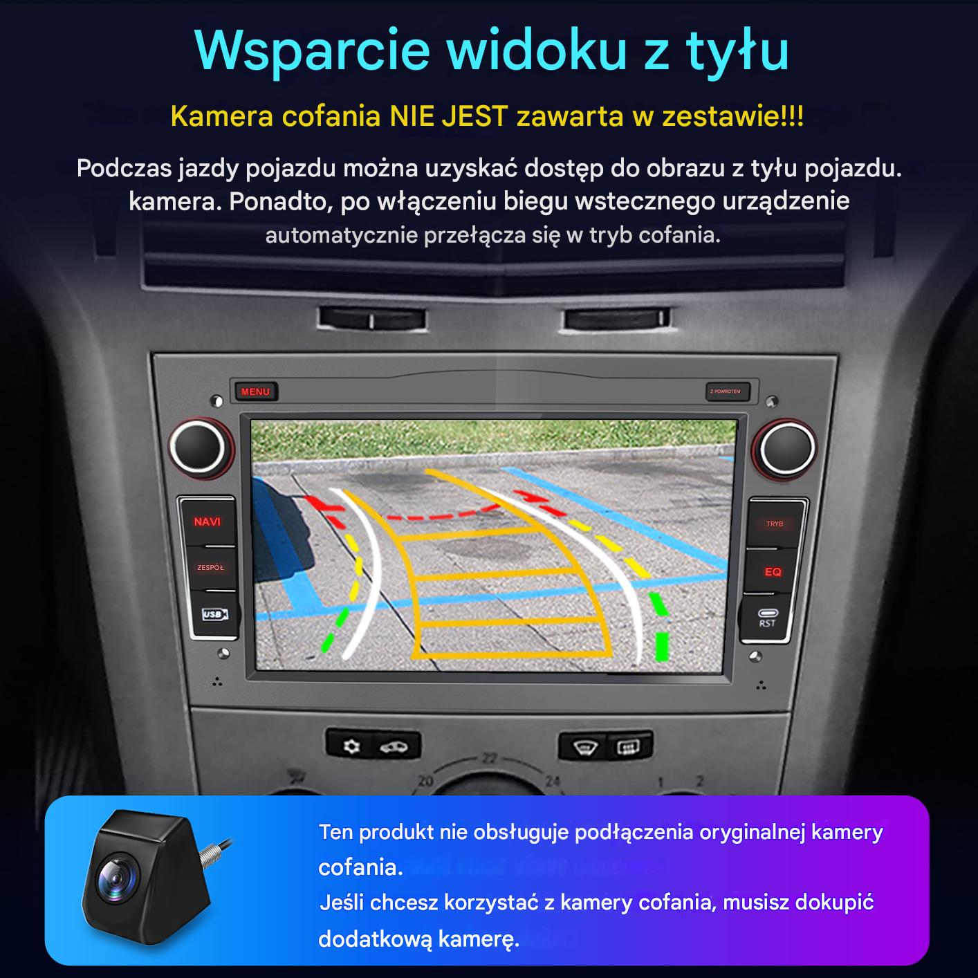Ekran samochodowy pokazujący widok z kamery cofania. Tekst wskazuje, że urządzenie obsługuje kamerę cofania.