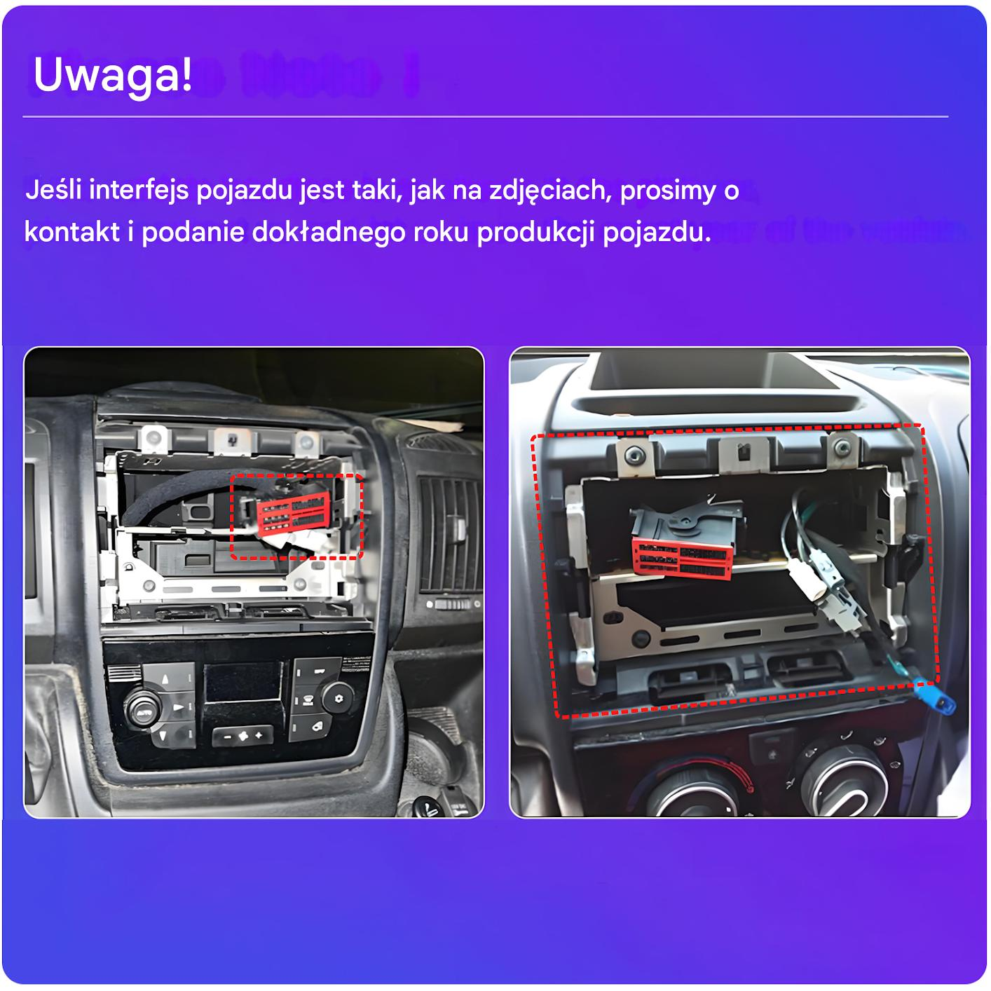 Wnętrze deski rozdzielczej samochodu z podświetlonymi czerwonymi obszarami. Wyświetlacz i elementy sterujące widoczne. Tekst po polsku u góry.