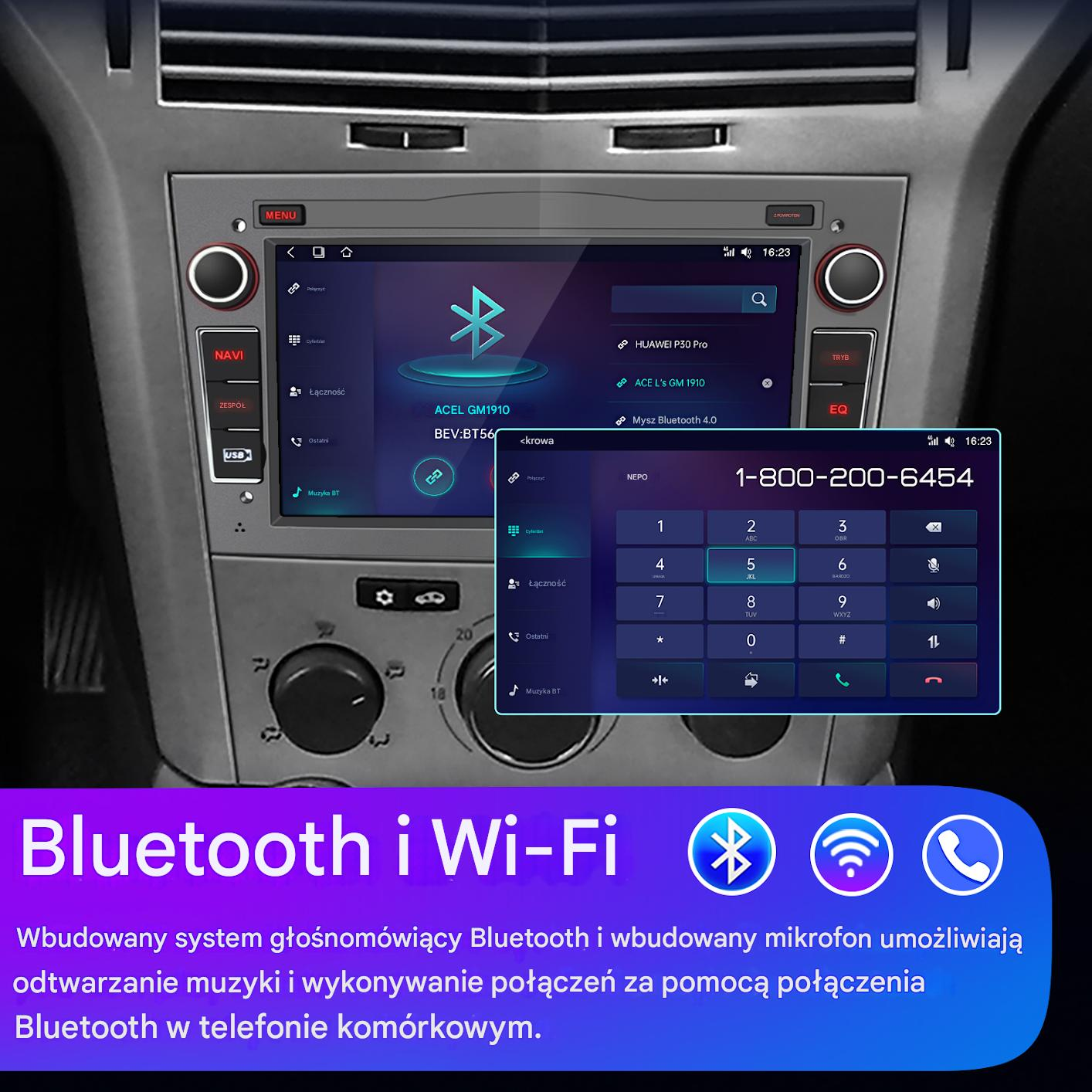 Ekran multimedialny samochodu z Bluetooth i Wi-Fi, pokazujący klawiaturę telefoniczną i ikonę Bluetooth.