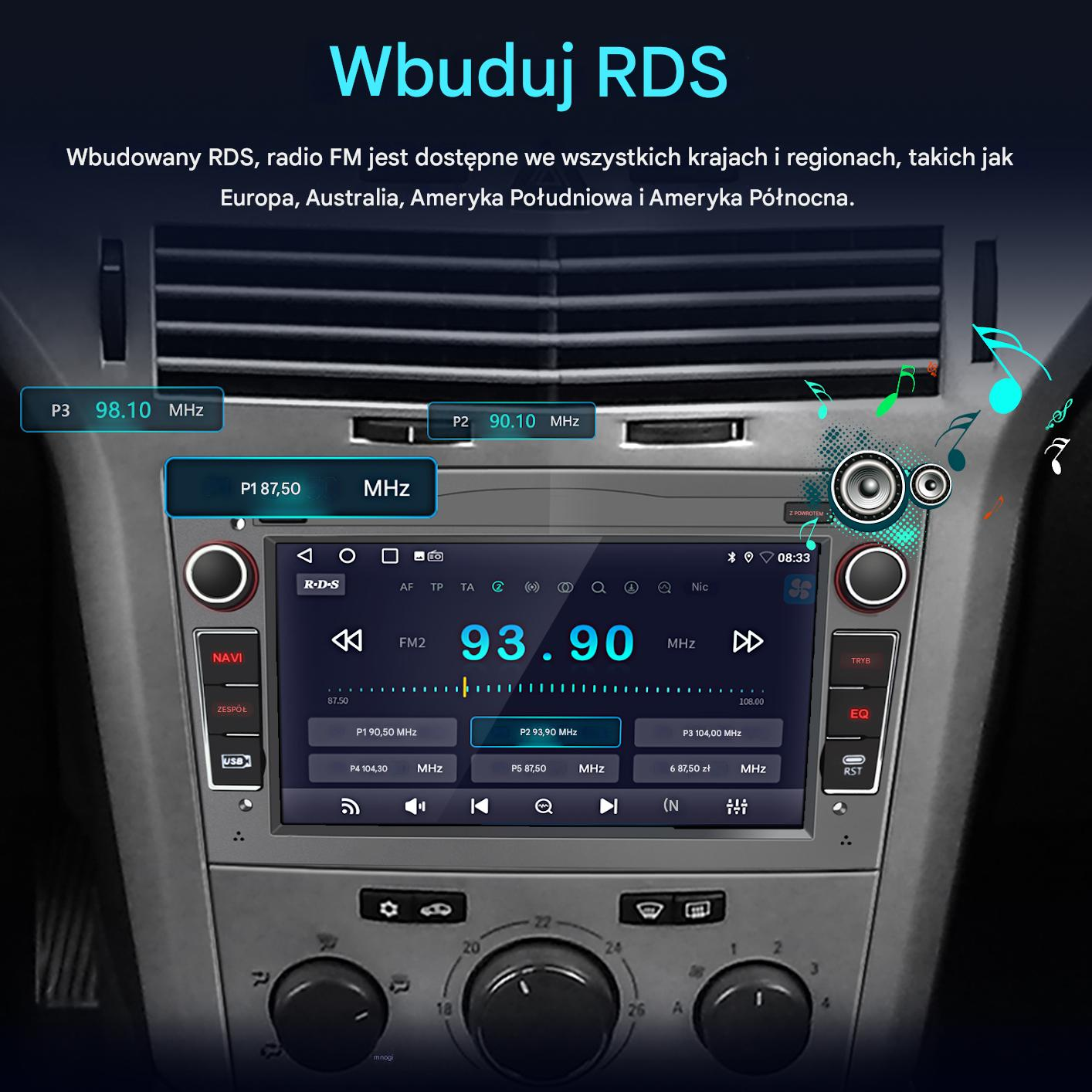 Ekran radia samochodowego wyświetlający informacje o radiu FM, z przyciskami i pokrętłami. Schemat kolorów niebieski i czarny.