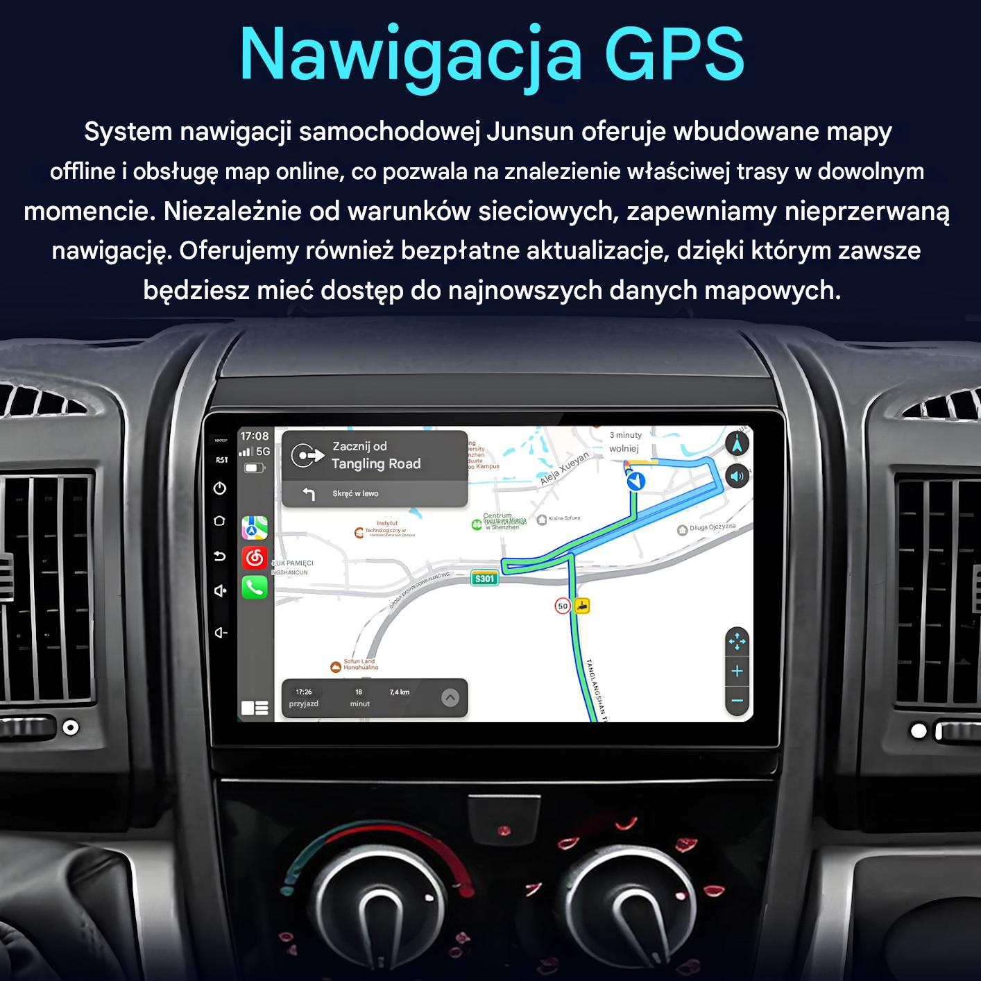 Deska rozdzielcza samochodu z ekranem nawigacji GPS pokazującym mapę i wskazówki.