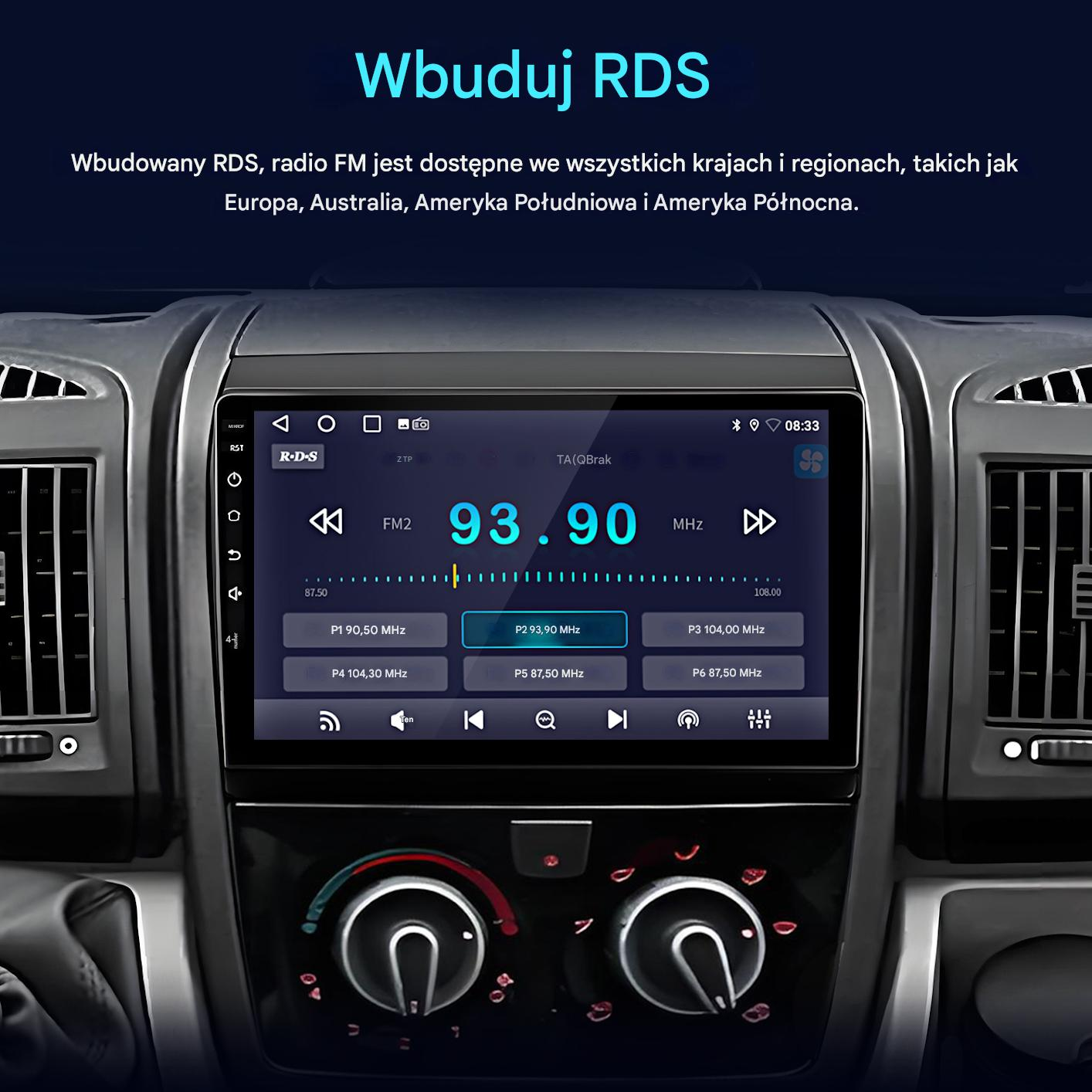 Ekran radia samochodowego wyświetlający częstotliwość radiową 93,90 MHz. Ekran pokazuje inne opcje i przyciski.