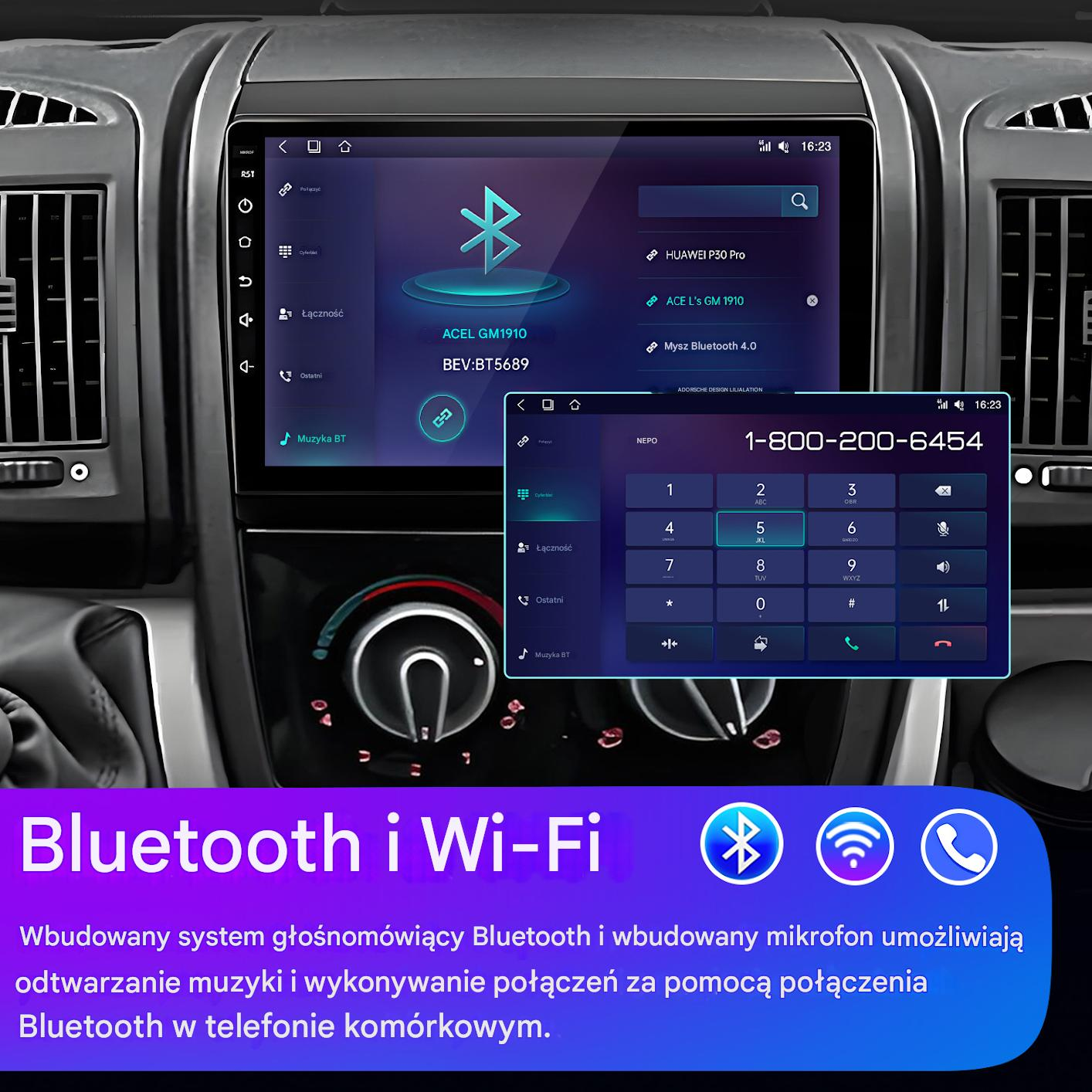 Panel deski rozdzielczej samochodu z funkcjami Bluetooth i telefonu, z klawiaturą numeryczną i opcjami połączeń. Tekst na dole.