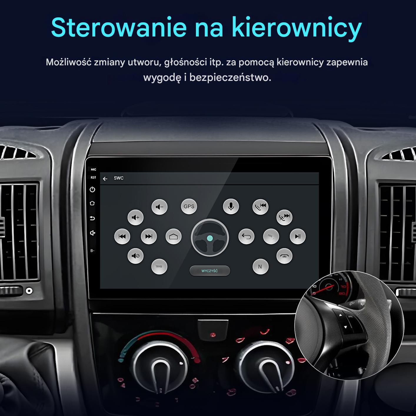 Wnętrze samochodu z ekranem wyświetlającym nawigację i elementy sterujące. Widoczna kierownica. Tekst wskazuje na elementy sterujące kierownicy.