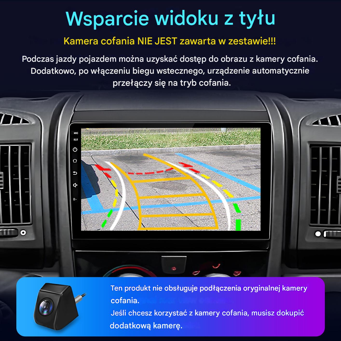 Ekran deski rozdzielczej samochodu wyświetlający widok z tyłu z liniami parkingowymi. Ikona kamery jest pokazana na dole.
