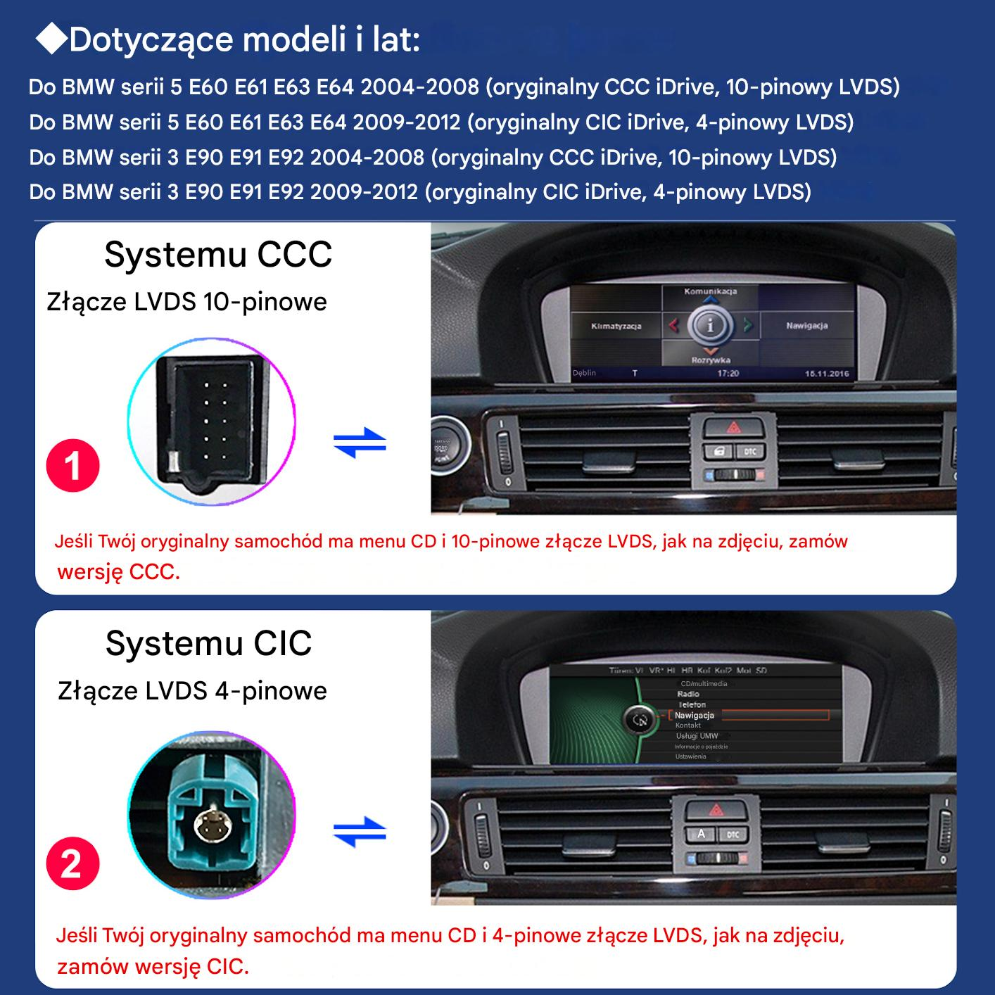 Obrazek przedstawia złącza deski rozdzielczej samochodu. Jeden ma 10 pinów, drugi 4. Oba pokazano z odpowiednimi ekranami interfejsu samochodu.