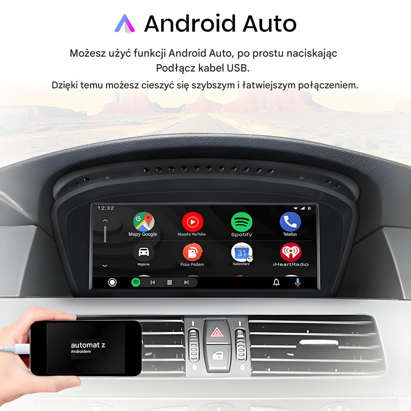 Ekran deski rozdzielczej samochodu z interfejsem Android Auto, połączony ze smartfonem przez USB. Widoczne są różne ikony aplikacji.