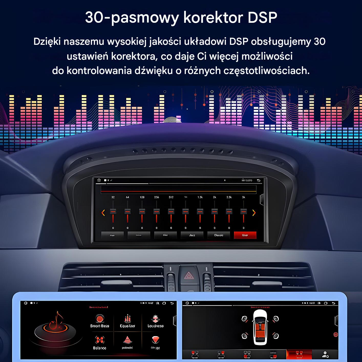 Ekran audio w samochodzie pokazujący ustawienia korektora, z wieloma pasmami częstotliwości i innymi opcjami.