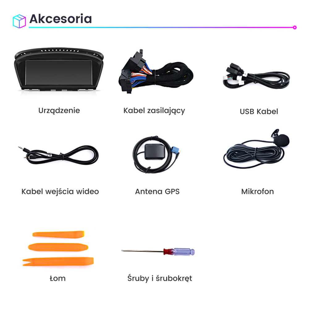Różne akcesoria samochodowe, w tym urządzenie, kable, antena GPS, mikrofon i narzędzia, wyświetlane na białym tle.
