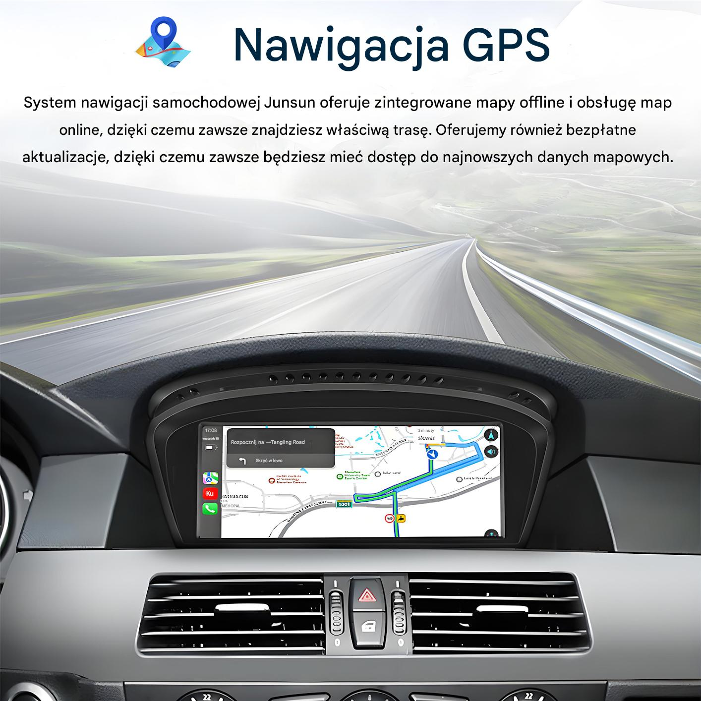 Widok deski rozdzielczej samochodu z nawigacją GPS na ekranie. Pokazuje mapę, trasę i wnętrze samochodu. Tekst po polsku. Droga przed nami.