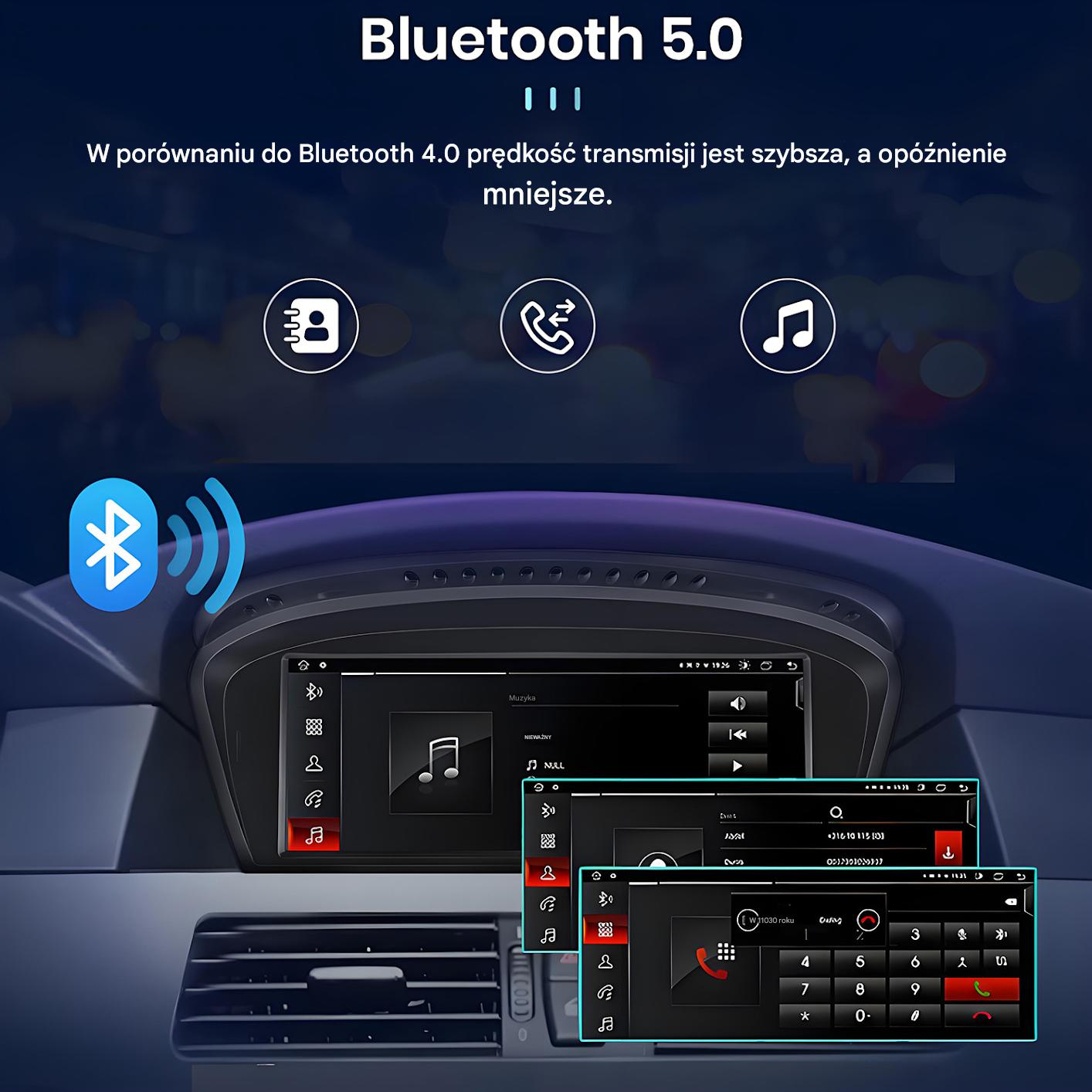 Ekran informacyjno-rozrywkowy samochodu pokazujący ustawienia Bluetooth, muzykę i klawiaturę telefonu. Zawiera ikony muzyki i telefonu.