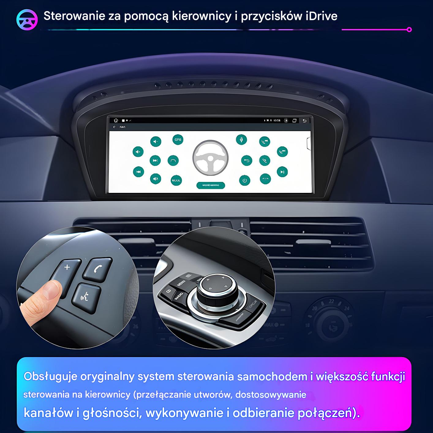 Deska rozdzielcza samochodu z elementami sterowania kierownicą, przyciskami i ekranem. Ręka wskazuje przycisk.