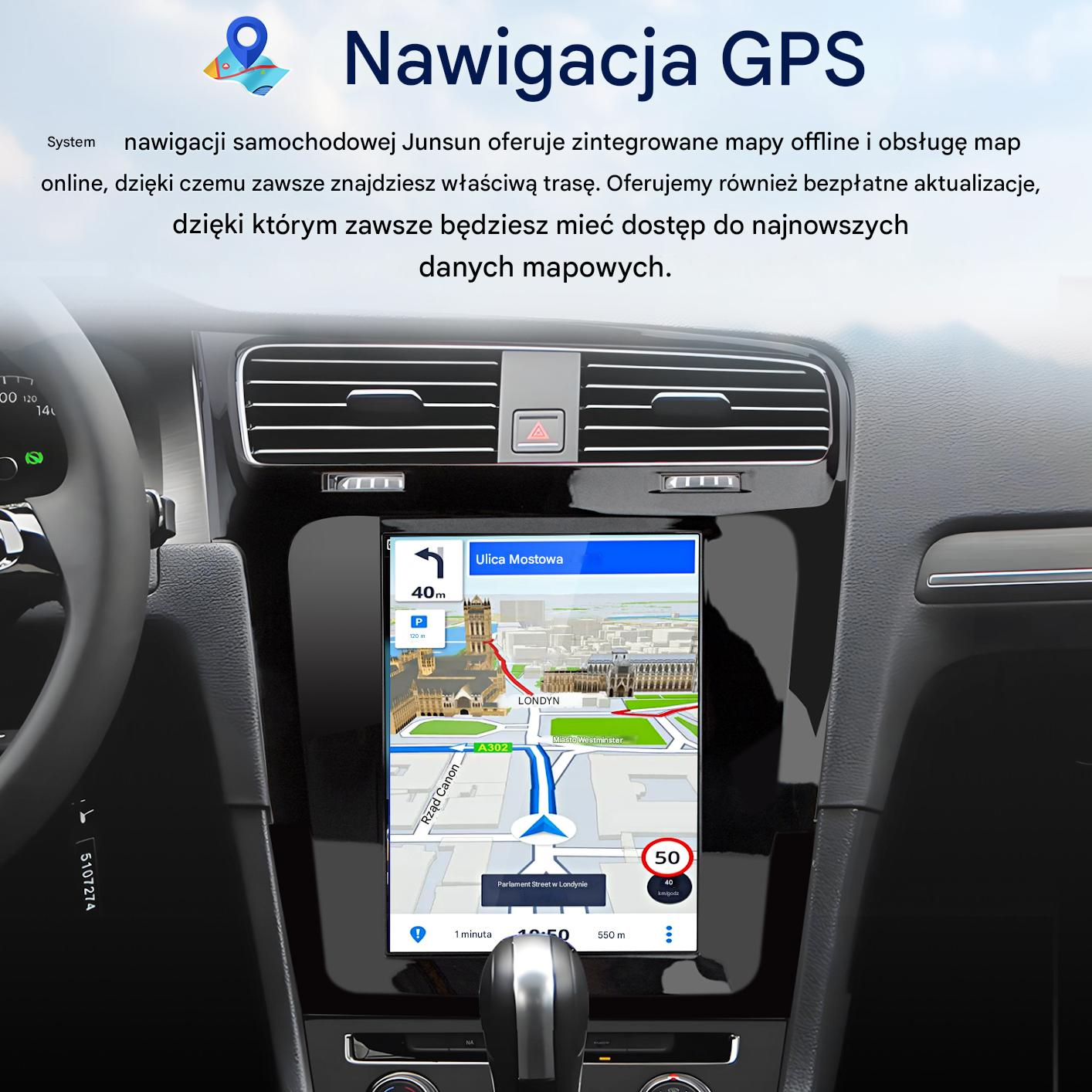 Deska rozdzielcza samochodu z ekranem nawigacji GPS wyświetlającym mapę. Prędkość 50 km/h. Trasa oznaczona na czerwono.