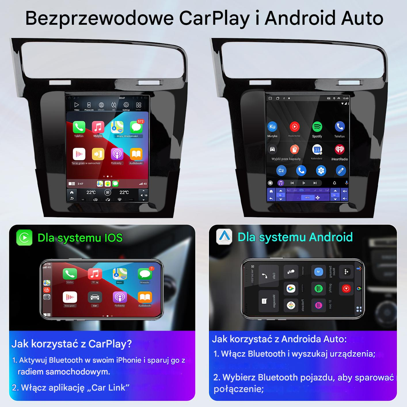 Obraz przedstawia interfejsy CarPlay i Android Auto na wyświetlaczach samochodowych, w tym ikony aplikacji i kroki połączenia.