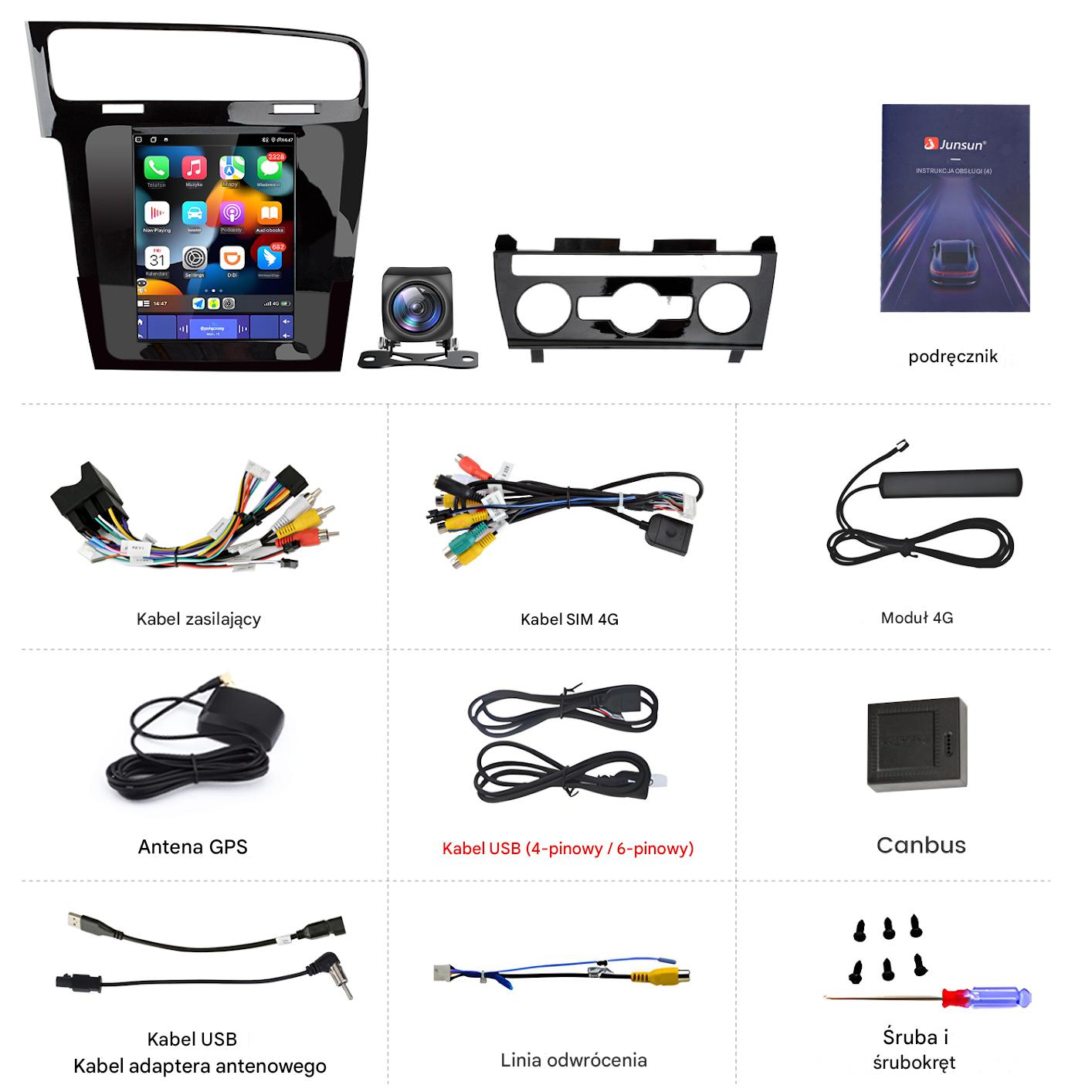 Elementy radia samochodowego, w tym ekran, kamera, kable, antena i instrukcja, wyświetlane na białym tle.