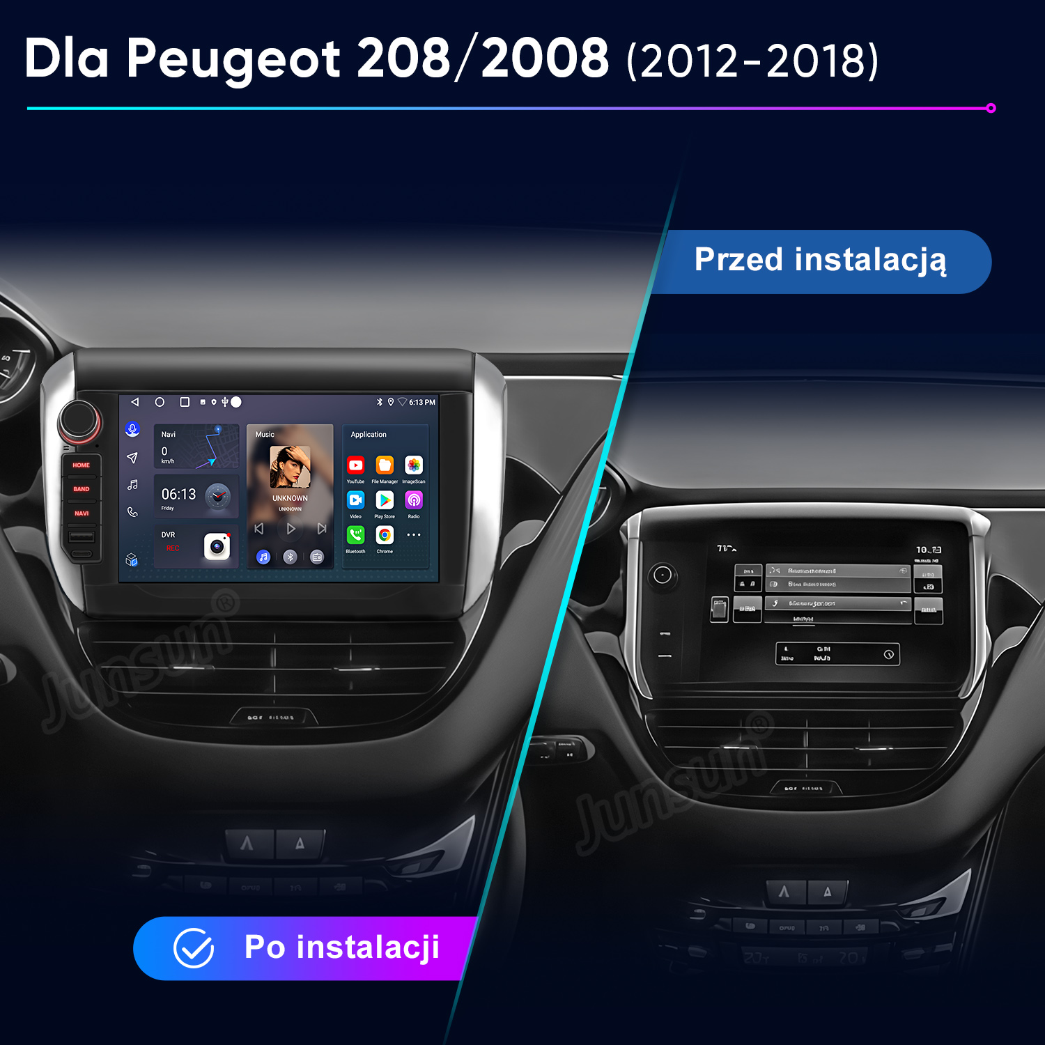 Deska rozdzielcza samochodu z ekranem wyświetlającym nawigację i sterowanie muzyką. Tekst: 'Przed instalacją' i 'Po instalacji'.