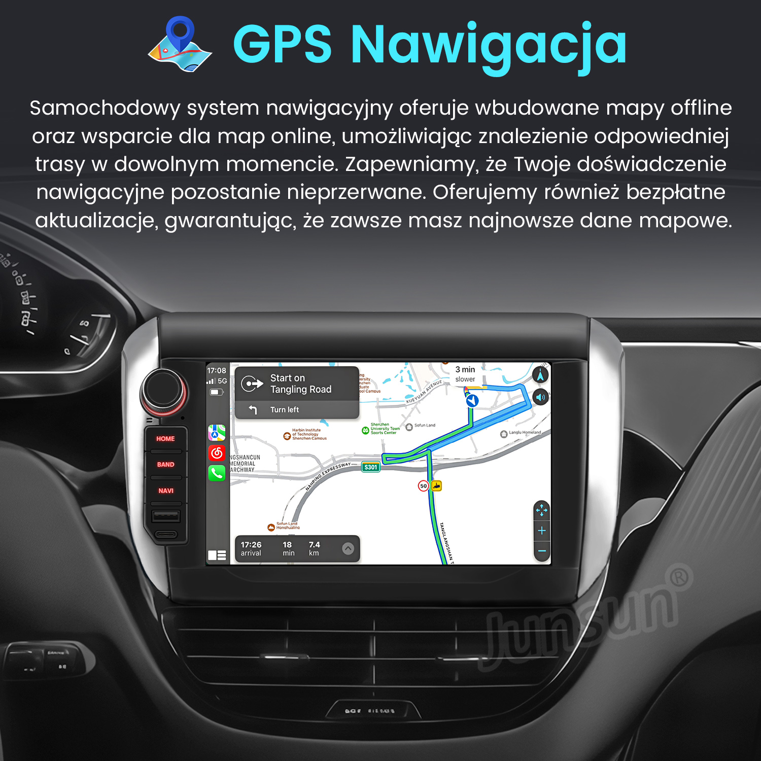 Panel samochodu z ekranem nawigacji pokazującym mapę i wskazówki dojazdu. Widoczne przyciski: home, band i nawigacja.