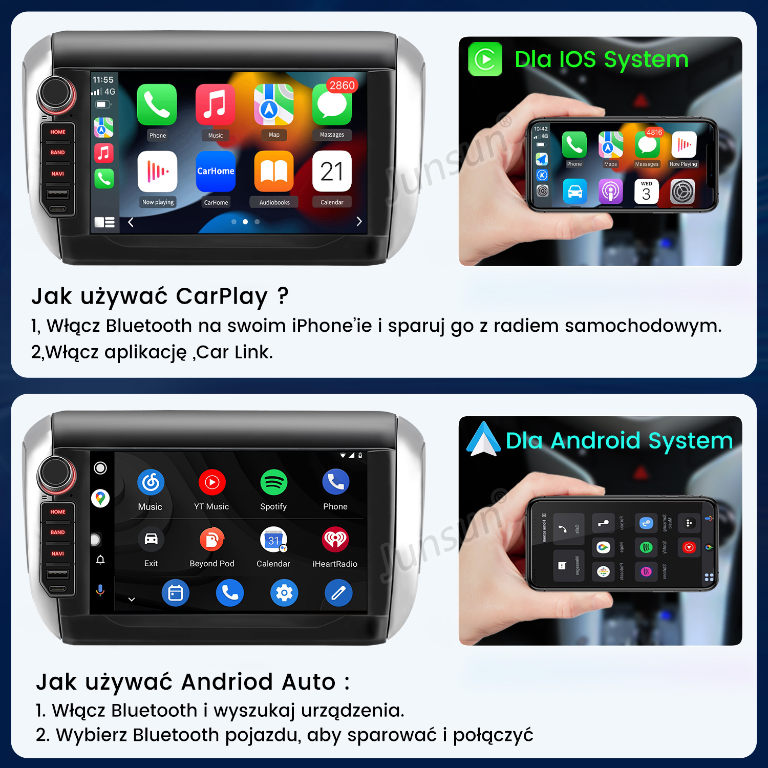 System multimedialny do samochodu pokazujący interfejsy iOS i Android, z instrukcjami po polsku. Ikony: telefon, muzyka, mapa i kalendarz.