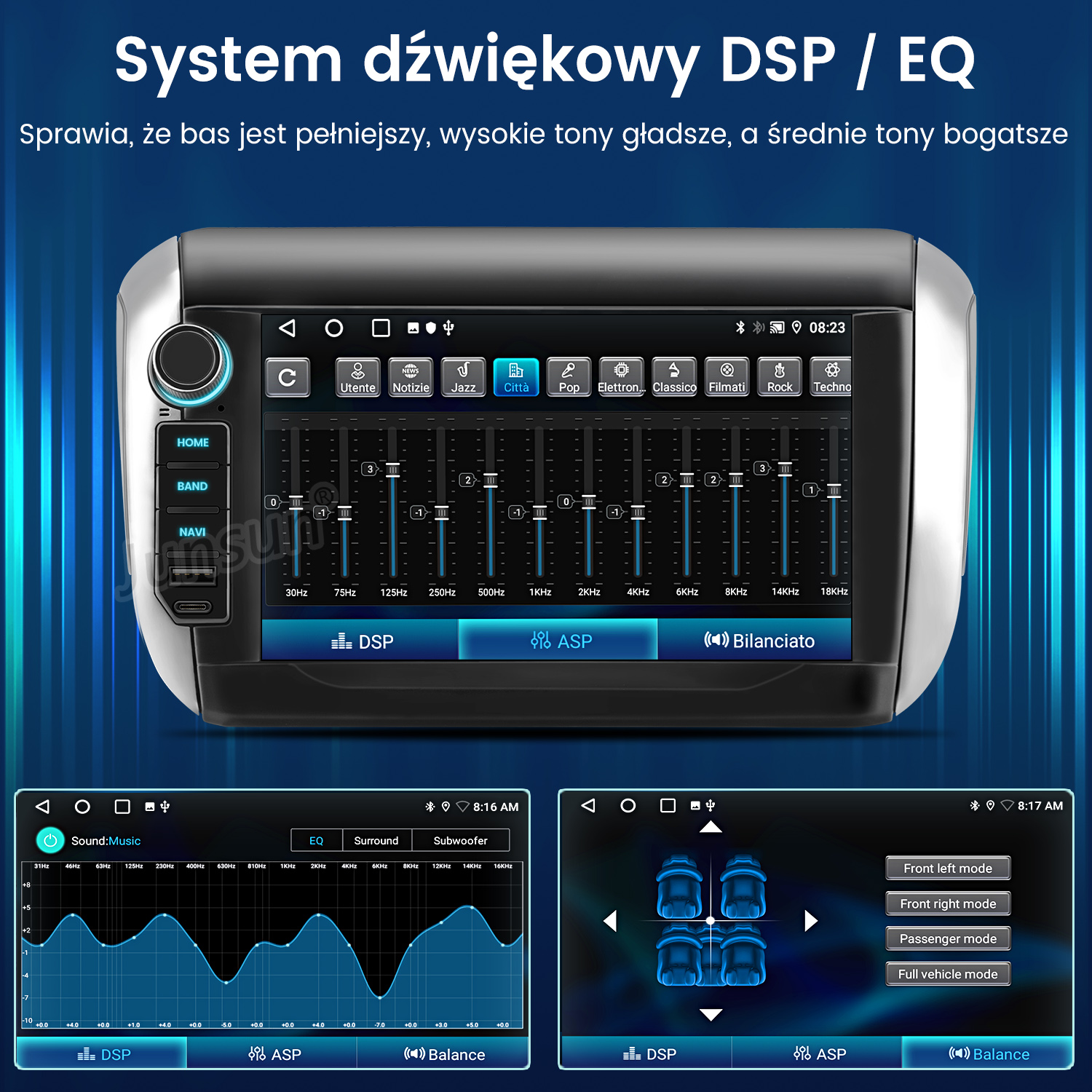 Interfejs samochodowego systemu audio. Pokazuje ustawienia korektora, tryby dźwięku i regulację balansu. Przyciski i wyświetlacze.