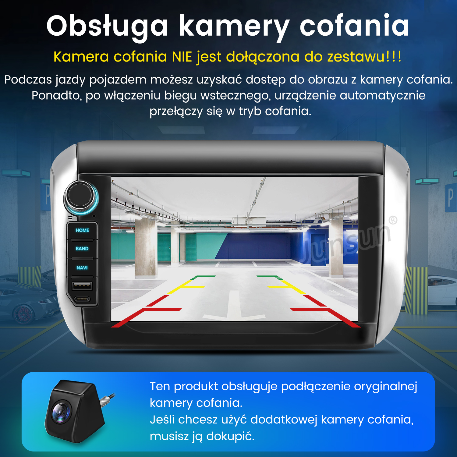 Wyświetlacz kamery cofania. Pokazuje widok parkingu z czerwonymi, żółtymi i zielonymi liniami. Czarna kamera jest pokazana na dole.