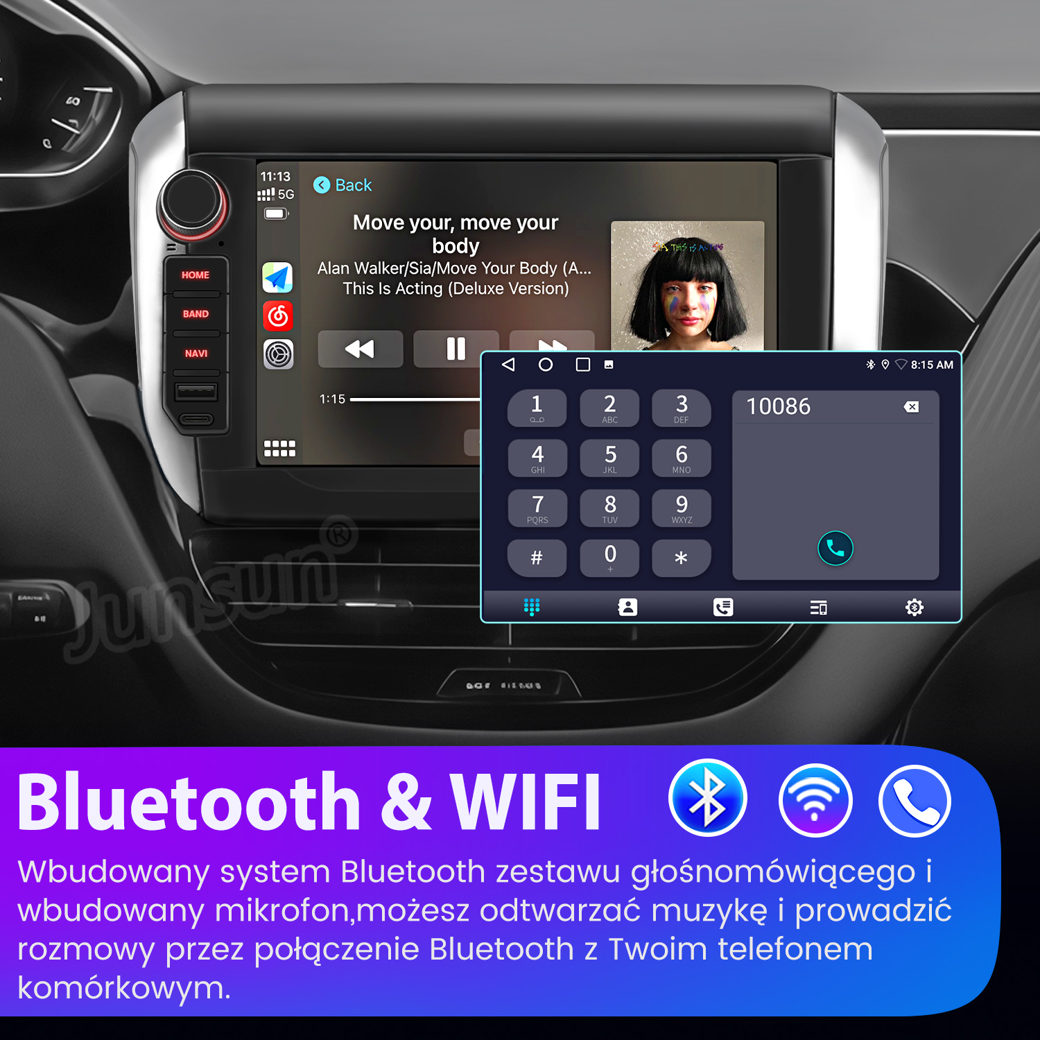 Deska rozdzielcza samochodu z ekranem pokazującym muzykę i dialerem telefonicznym. Tekst na dole brzmi Bluetooth & WIFI.