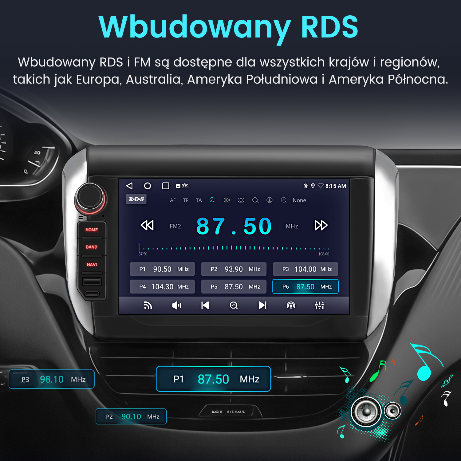 Ekran radia samochodowego wyświetlający informacje radiowe FM. Ekran pokazuje częstotliwość 87,50 MHz. Widoczne są inne przyciski i elementy sterujące.