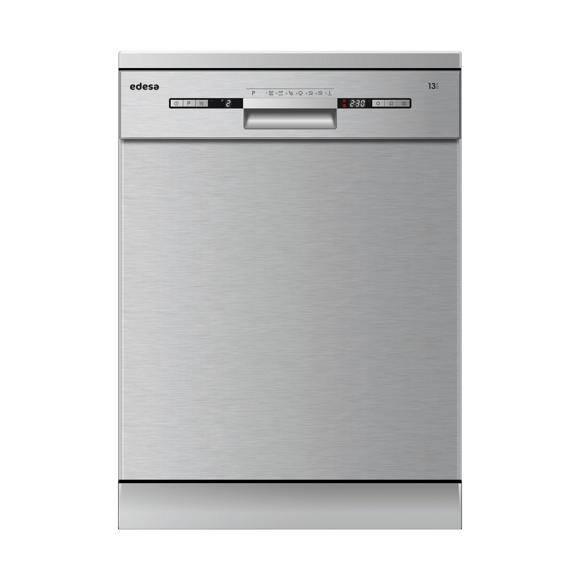Un lavavajillas plateado Edesa. Tiene botones y una pantalla. La puerta tiene un asa. El fondo es blanco.