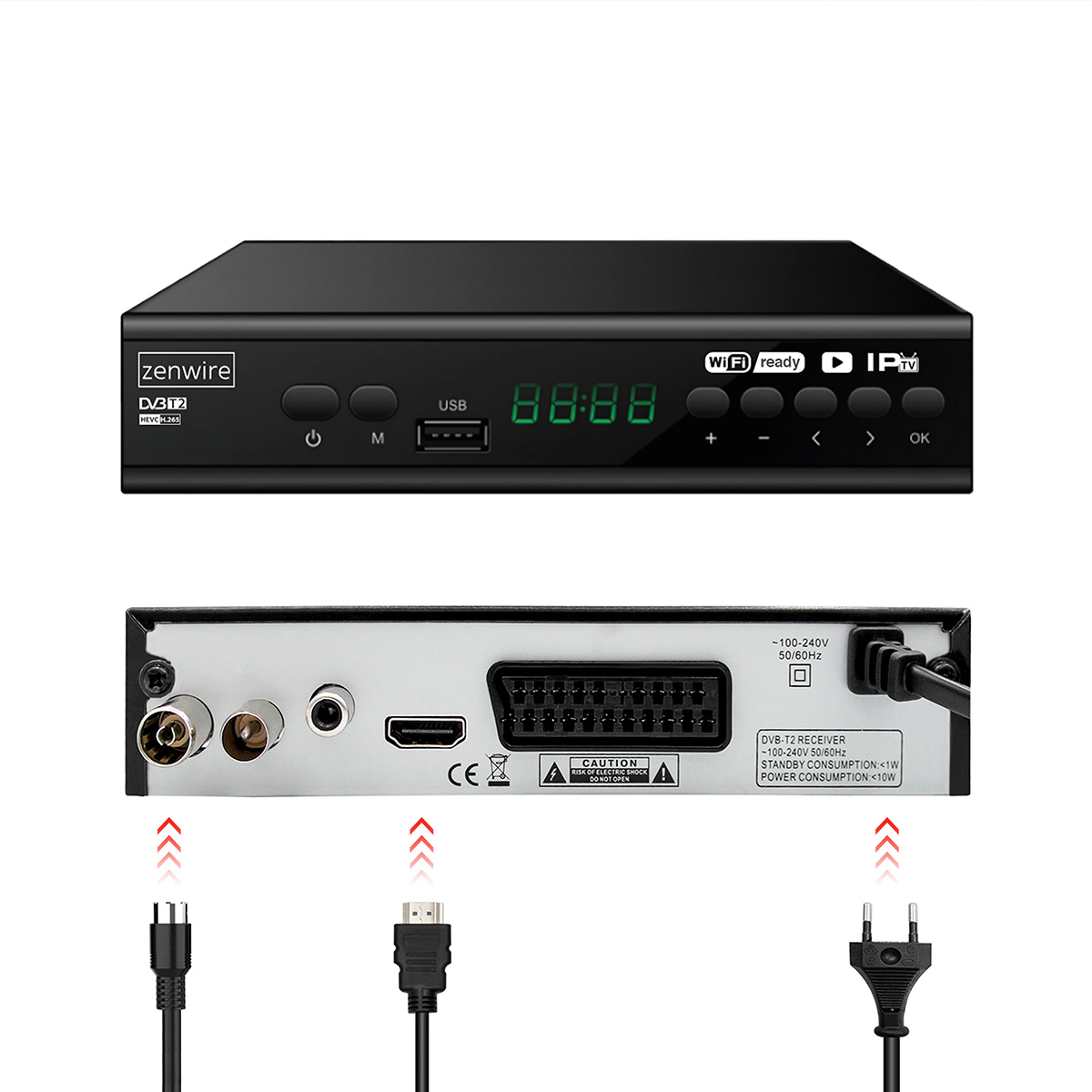 Czarny odbiornik Zenwire DVB-T2 z wyświetlaczem 88:88, wejścia USB, HDMI i zasilanie. Kable wskazują na wejścia.