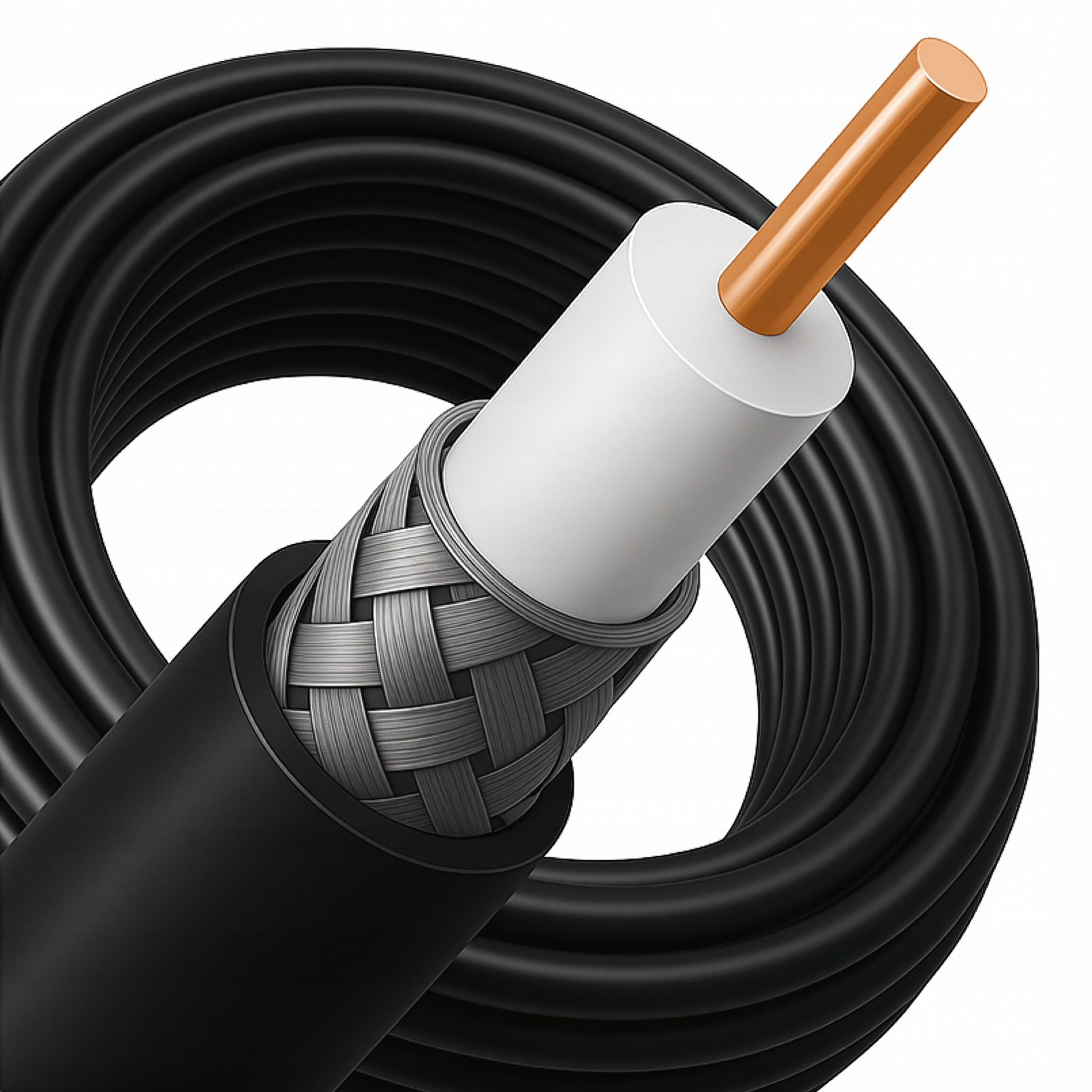 Zbliżenie kabla koncentrycznego, ukazujące jego wewnętrzną strukturę. Kabel jest czarny, z białymi, szarymi i miedzianymi elementami.
