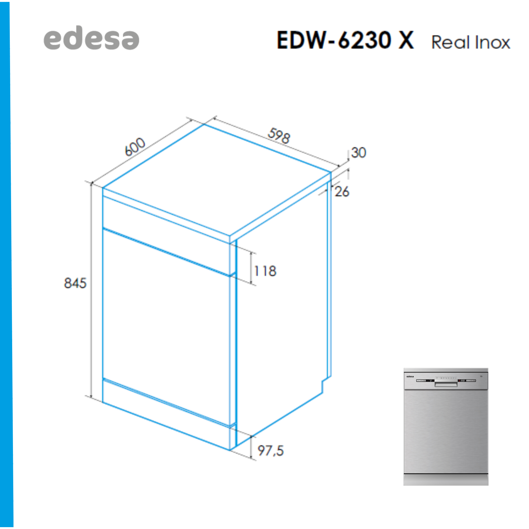 Diagrama de un lavavajillas con dimensiones e imagen más pequeña del electrodoméstico de acero inoxidable.