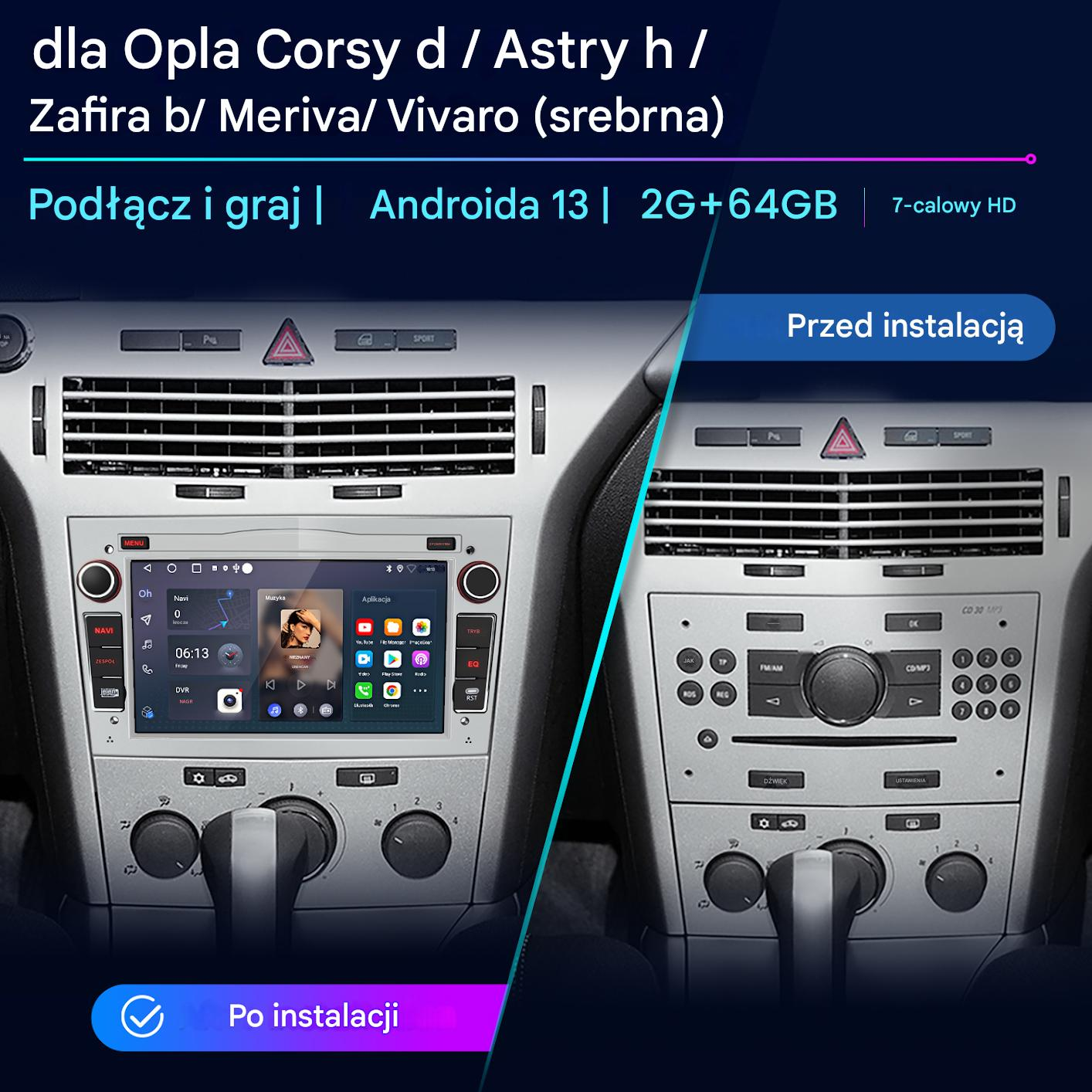 Porównanie deski rozdzielczej: stare radio po prawej, nowy system Android po lewej. Teksty: 'Przed instalacją' i 'Po instalacji'.
